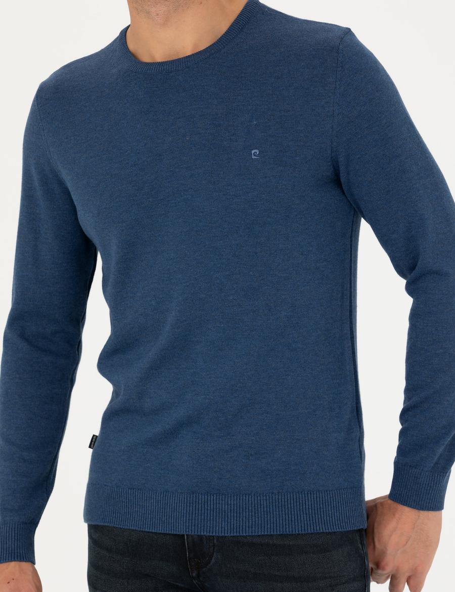 İndigo Melanj Slim Fit Bisiklet Yaka Basic Triko Kazak