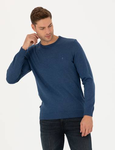 İndigo Melanj Slim Fit Bisiklet Yaka Basic Triko Kazak