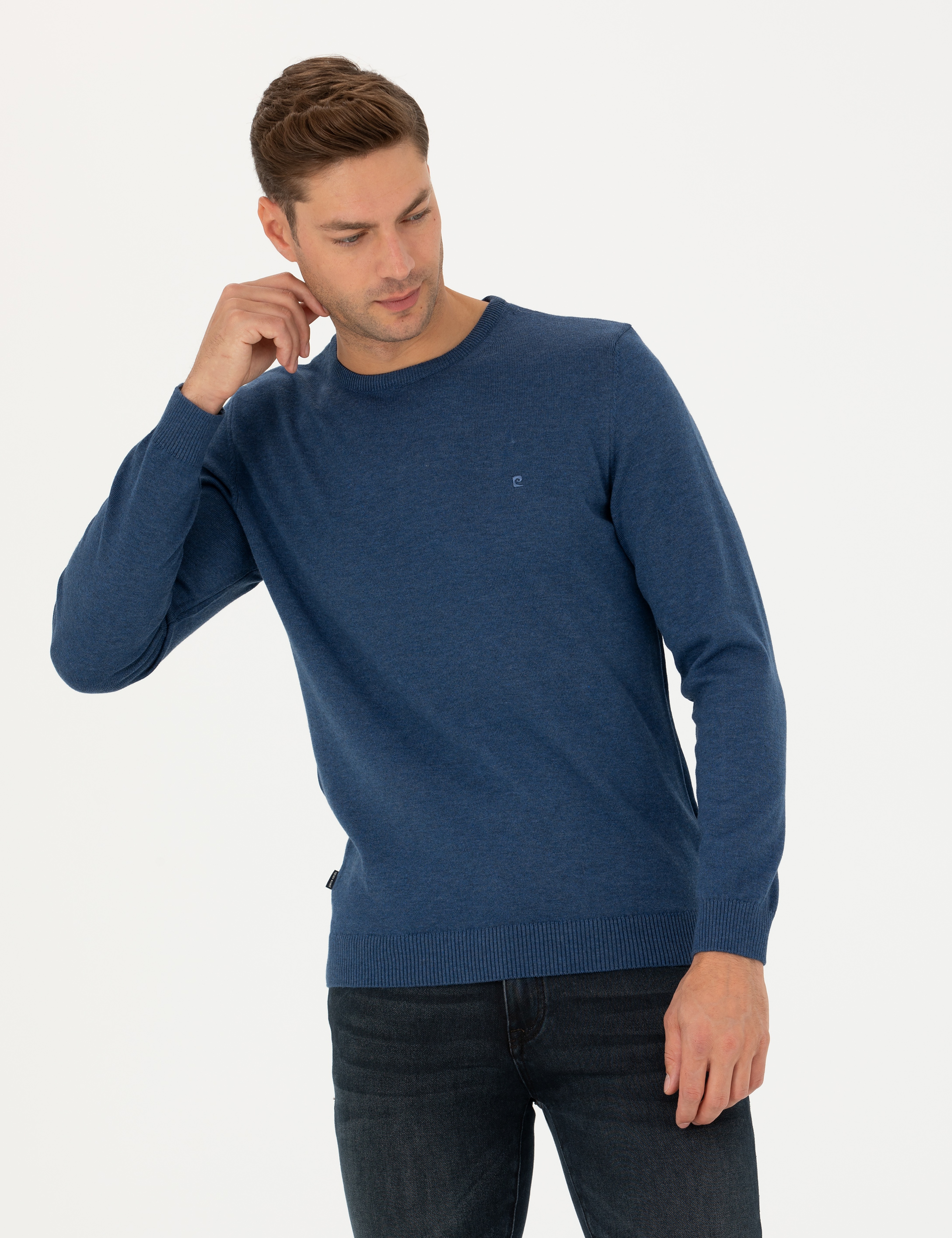 İndigo Melanj Slim Fit Bisiklet Yaka Basic Triko Kazak - Image 3