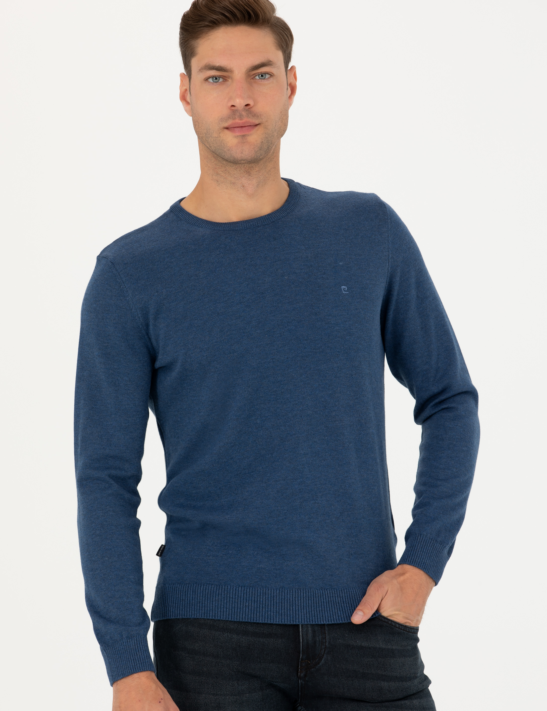 Pierre Cardin İndigo Melanj Slim Fit Bisiklet Yaka Basic Triko Kazak görsel 2