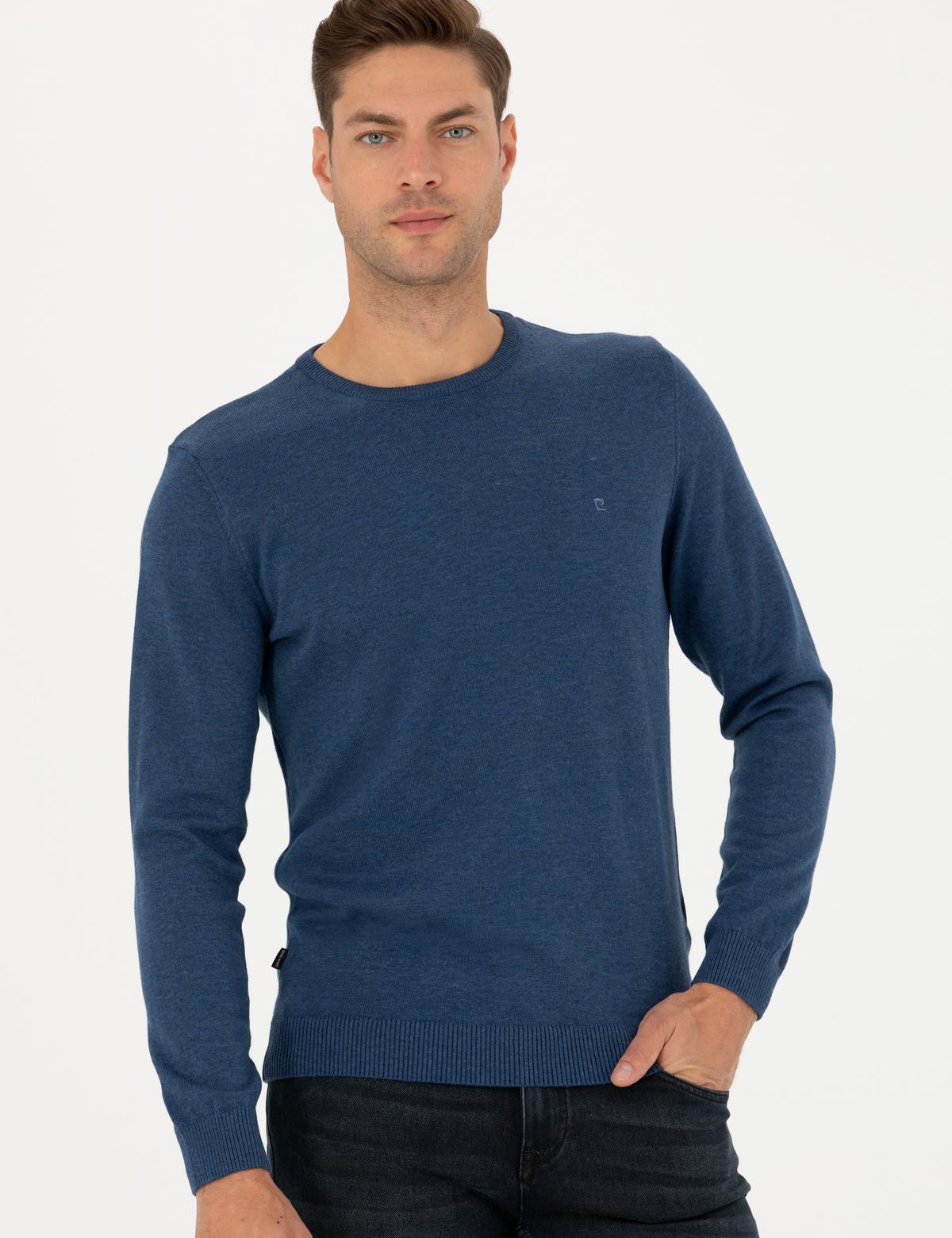 İndigo Melanj Slim Fit Bisiklet Yaka Basic Triko Kazak - 50270179273