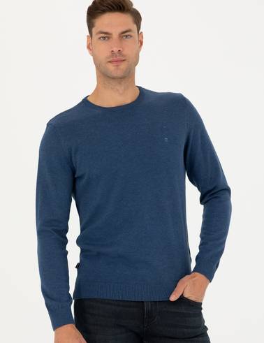 İndigo Melanj Slim Fit Bisiklet Yaka Basic Triko Kazak
