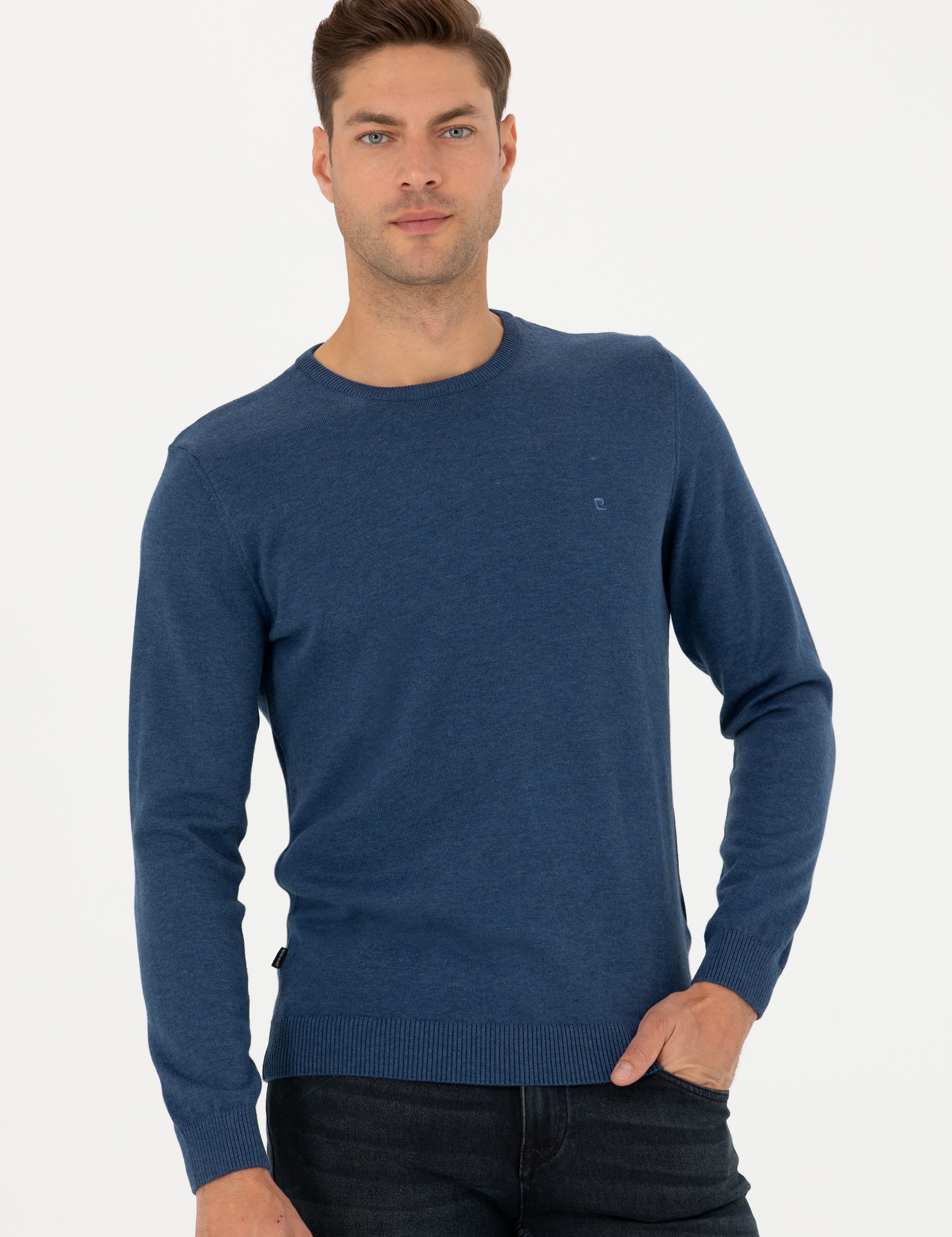 İndigo Melanj Slim Fit Bisiklet Yaka Basic Triko Kazak - Image 2