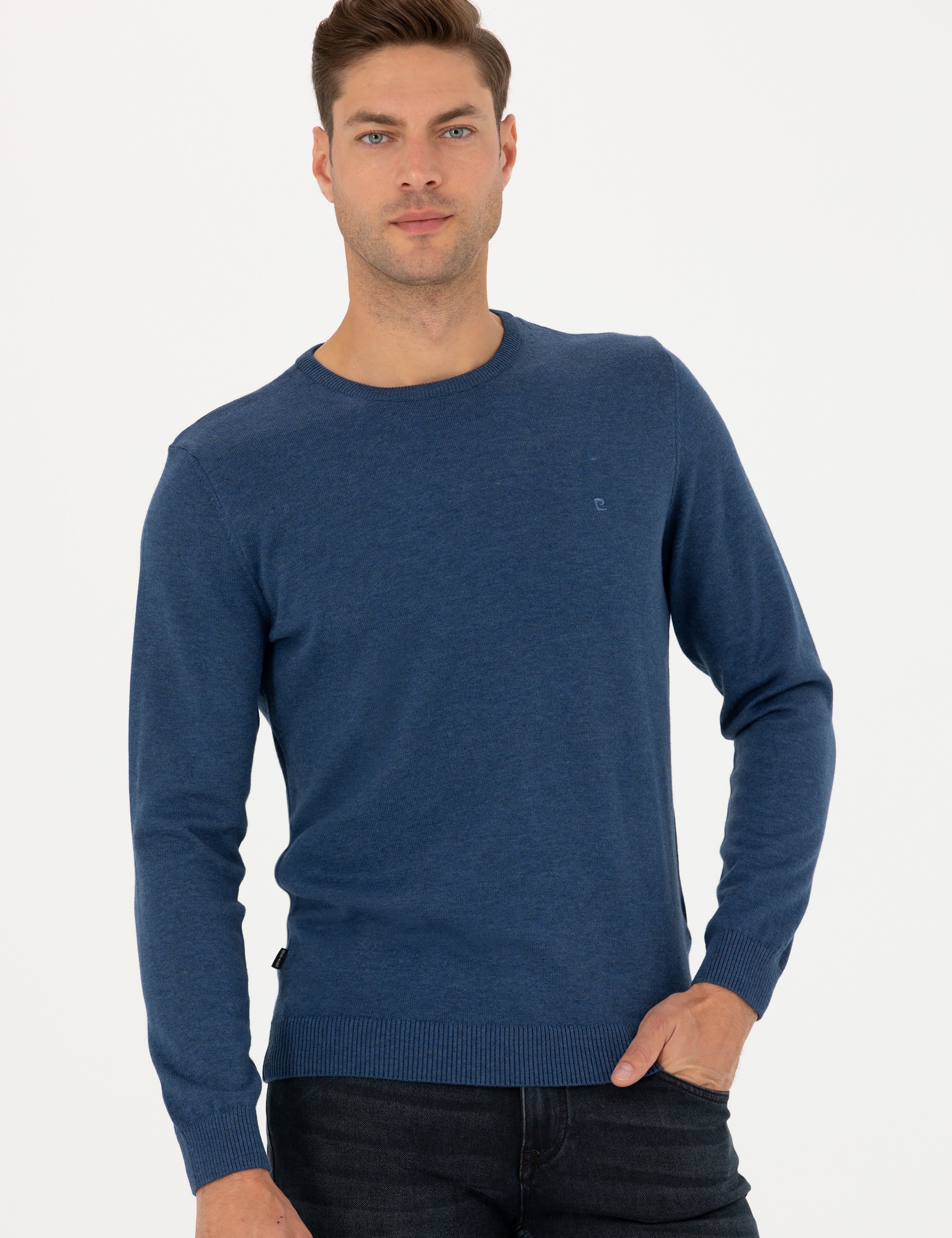 İndigo Melanj Slim Fit Bisiklet Yaka Basic Triko Kazak