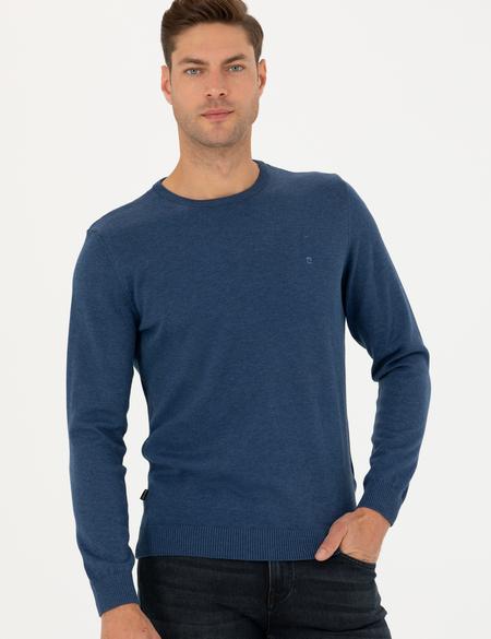 İndigo Melanj Slim Fit Bisiklet Yaka Basic Triko Kazak - 50270179273