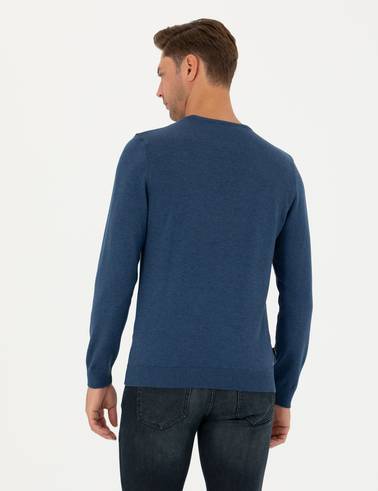 İndigo Melanj Slim Fit Bisiklet Yaka Basic Triko Kazak