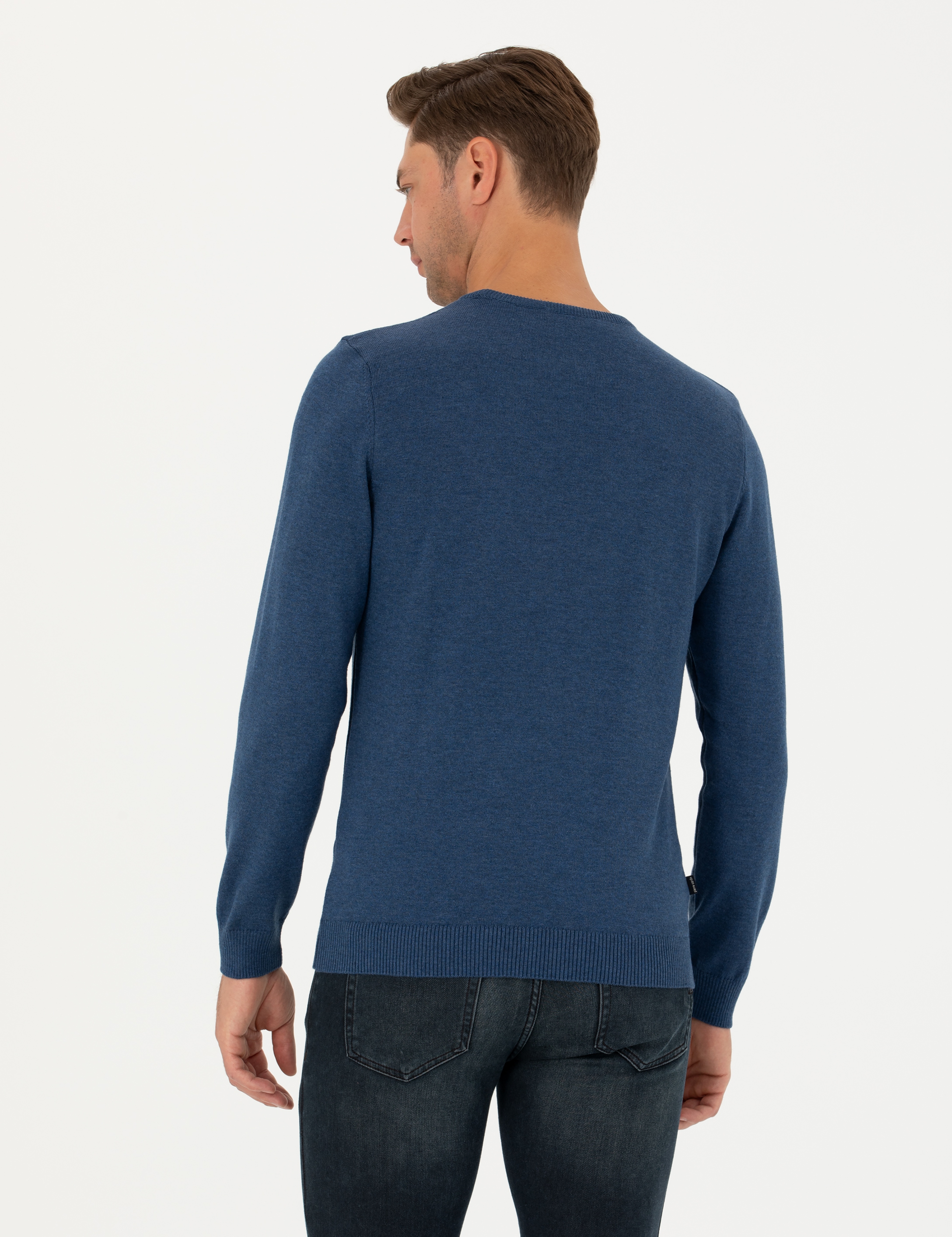 İndigo Melanj Slim Fit Bisiklet Yaka Basic Triko Kazak - Image 6