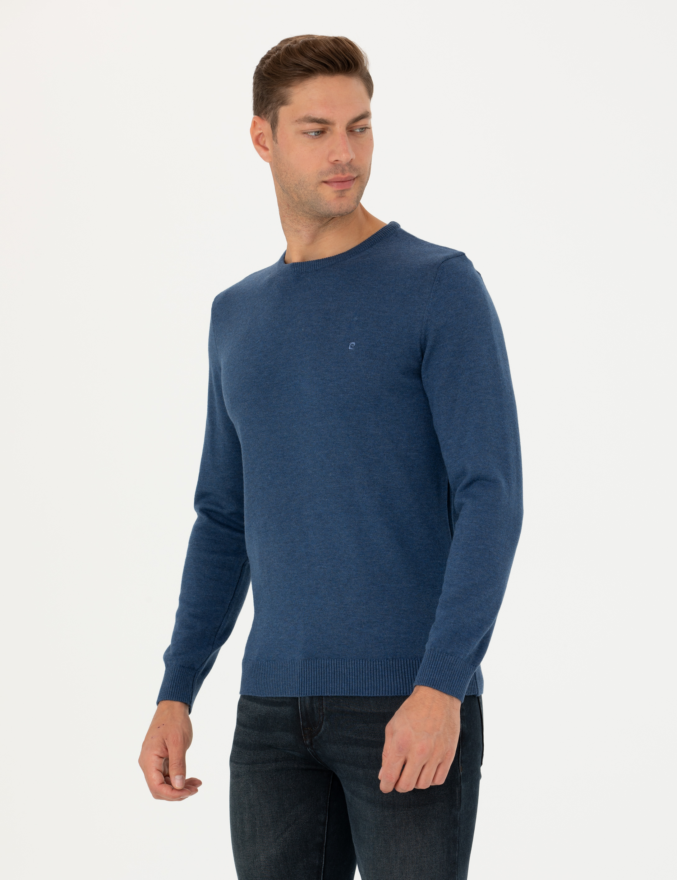 Pierre Cardin İndigo Melanj Slim Fit Bisiklet Yaka Basic Triko Kazak görsel 4