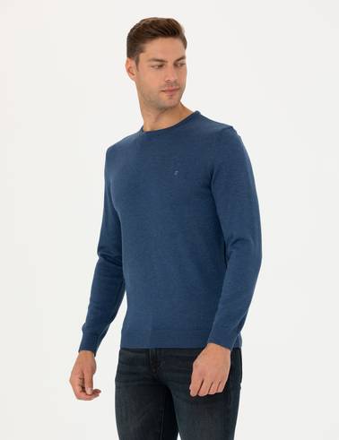 İndigo Melanj Slim Fit Bisiklet Yaka Basic Triko Kazak