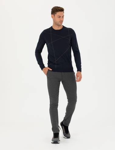 Lacivert Slim Fit Bisiklet Yaka Yün Karışımlı Triko Kazak