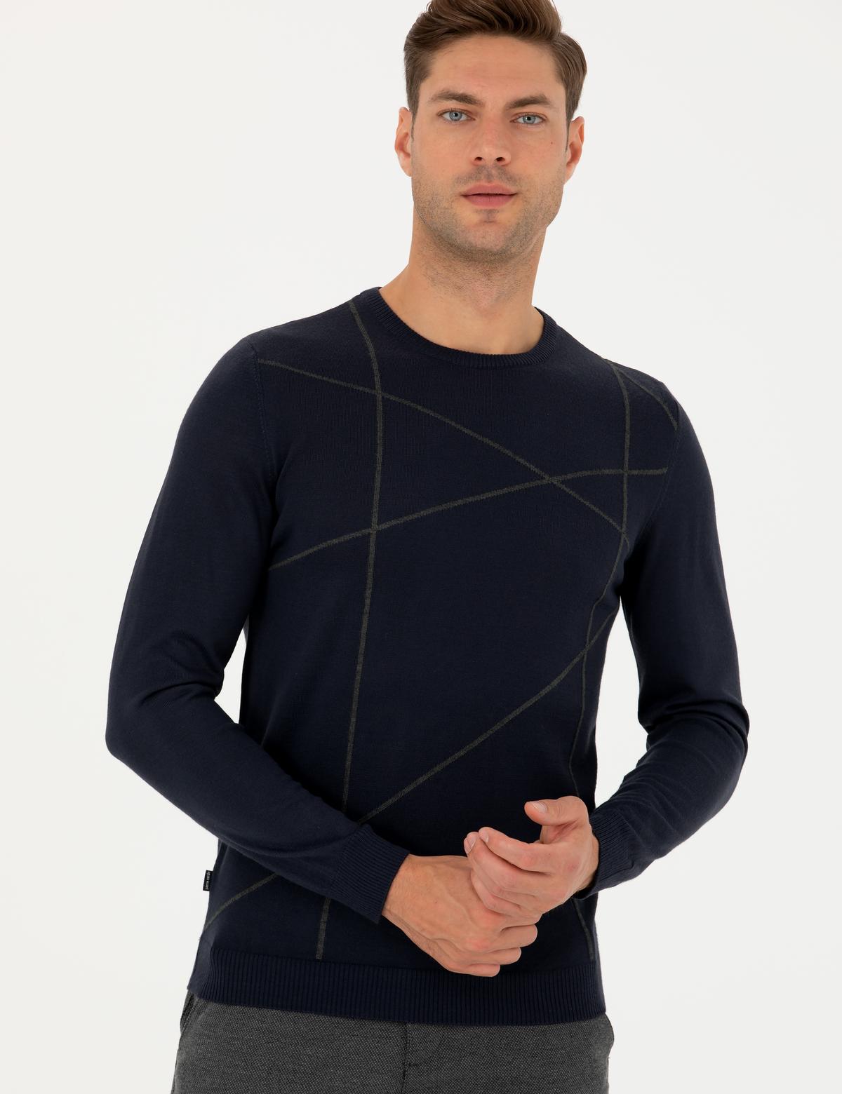 Lacivert Slim Fit Bisiklet Yaka Yün Karışımlı Triko Kazak - 50278028019