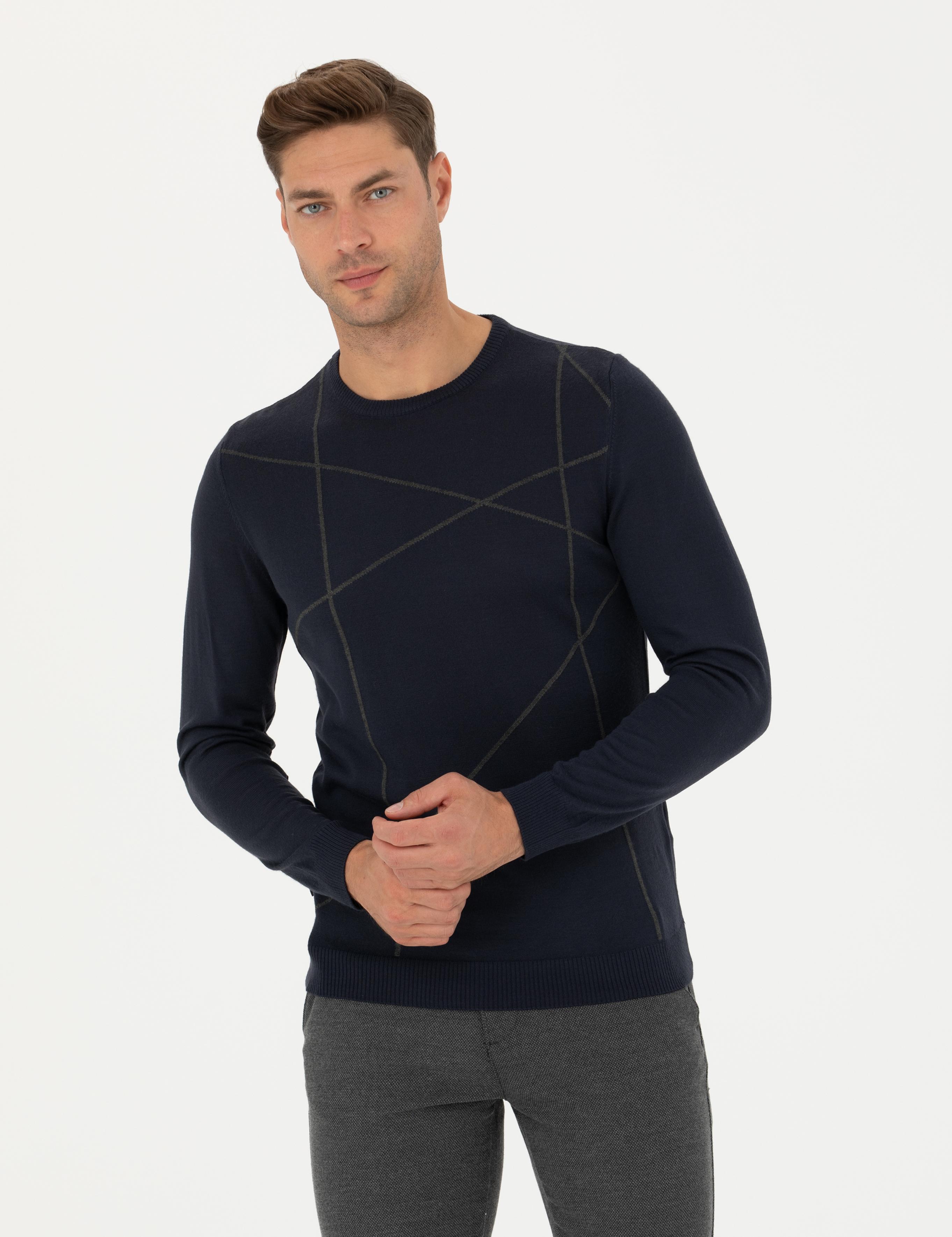 Lacivert Slim Fit Bisiklet Yaka Yün Karışımlı Triko Kazak