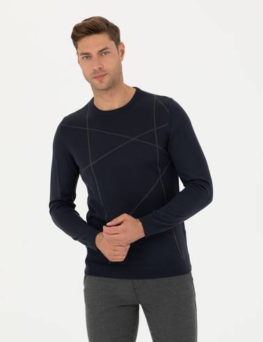 Lacivert Slim Fit Bisiklet Yaka Yün Karışımlı Triko Kazak