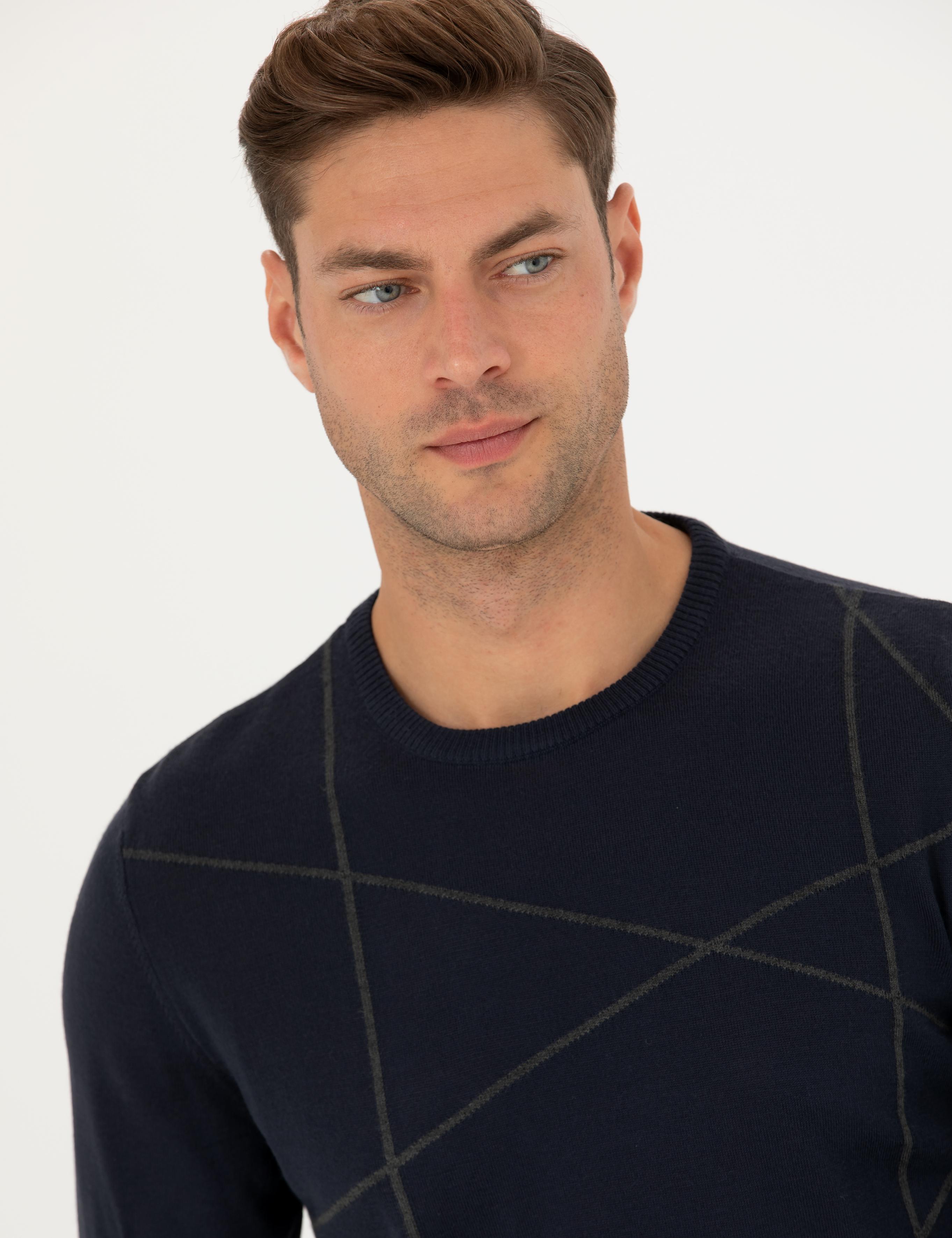 Lacivert Slim Fit Bisiklet Yaka Yün Karışımlı Triko Kazak