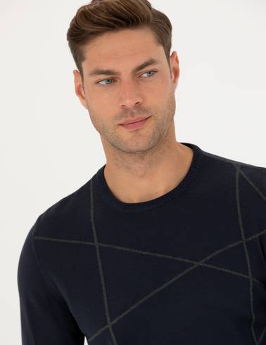Lacivert Slim Fit Bisiklet Yaka Yün Karışımlı Triko Kazak