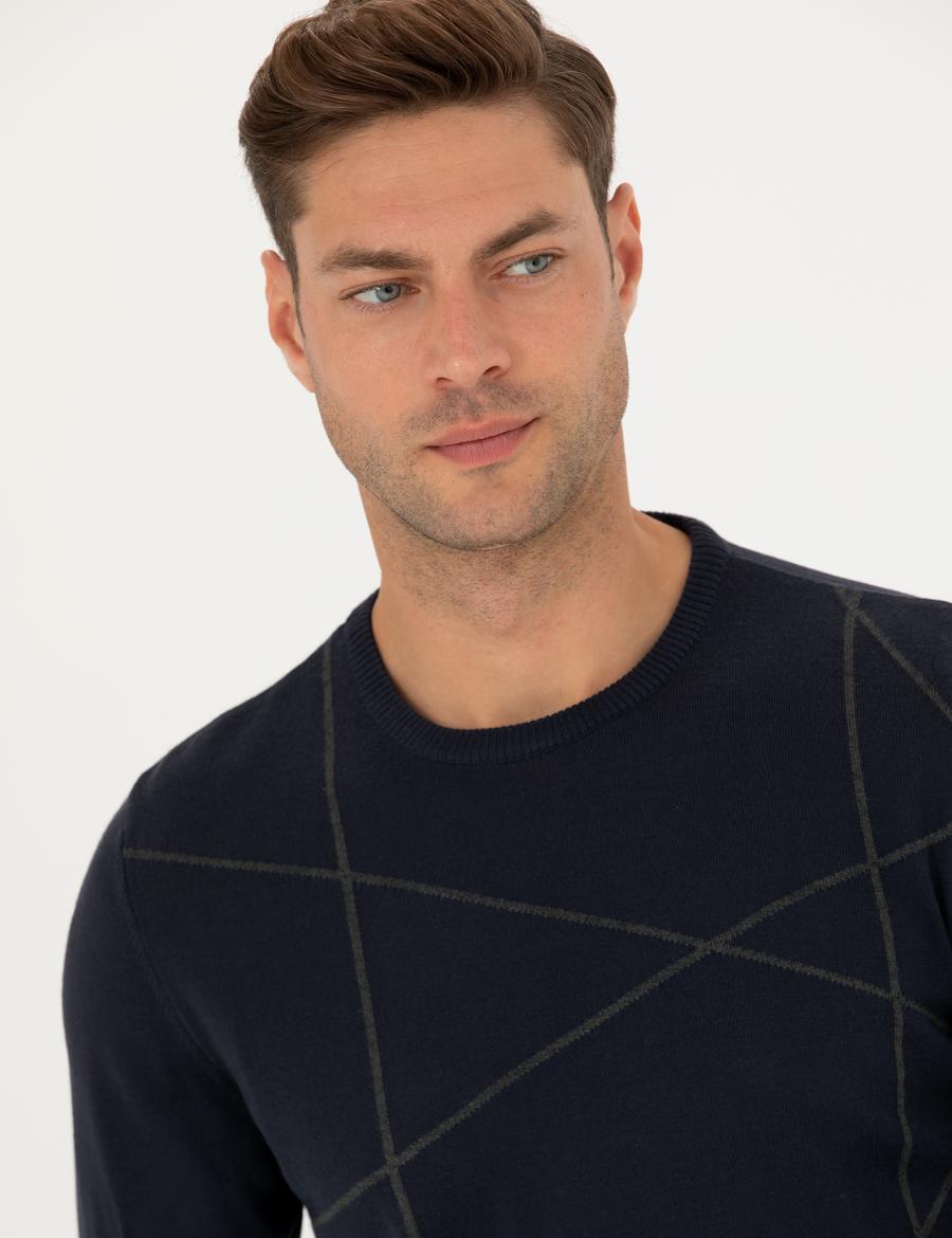 Lacivert Slim Fit Bisiklet Yaka Yün Karışımlı Triko Kazak