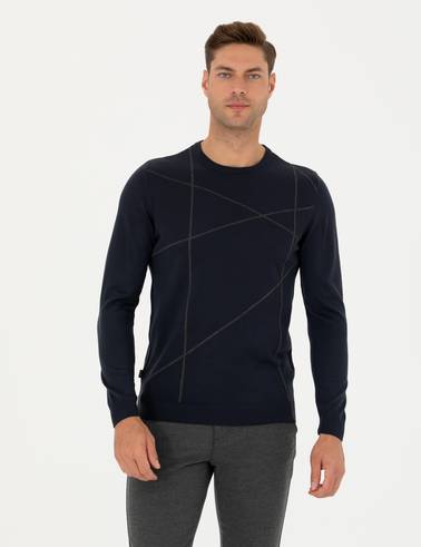 Lacivert Slim Fit Bisiklet Yaka Yün Karışımlı Triko Kazak