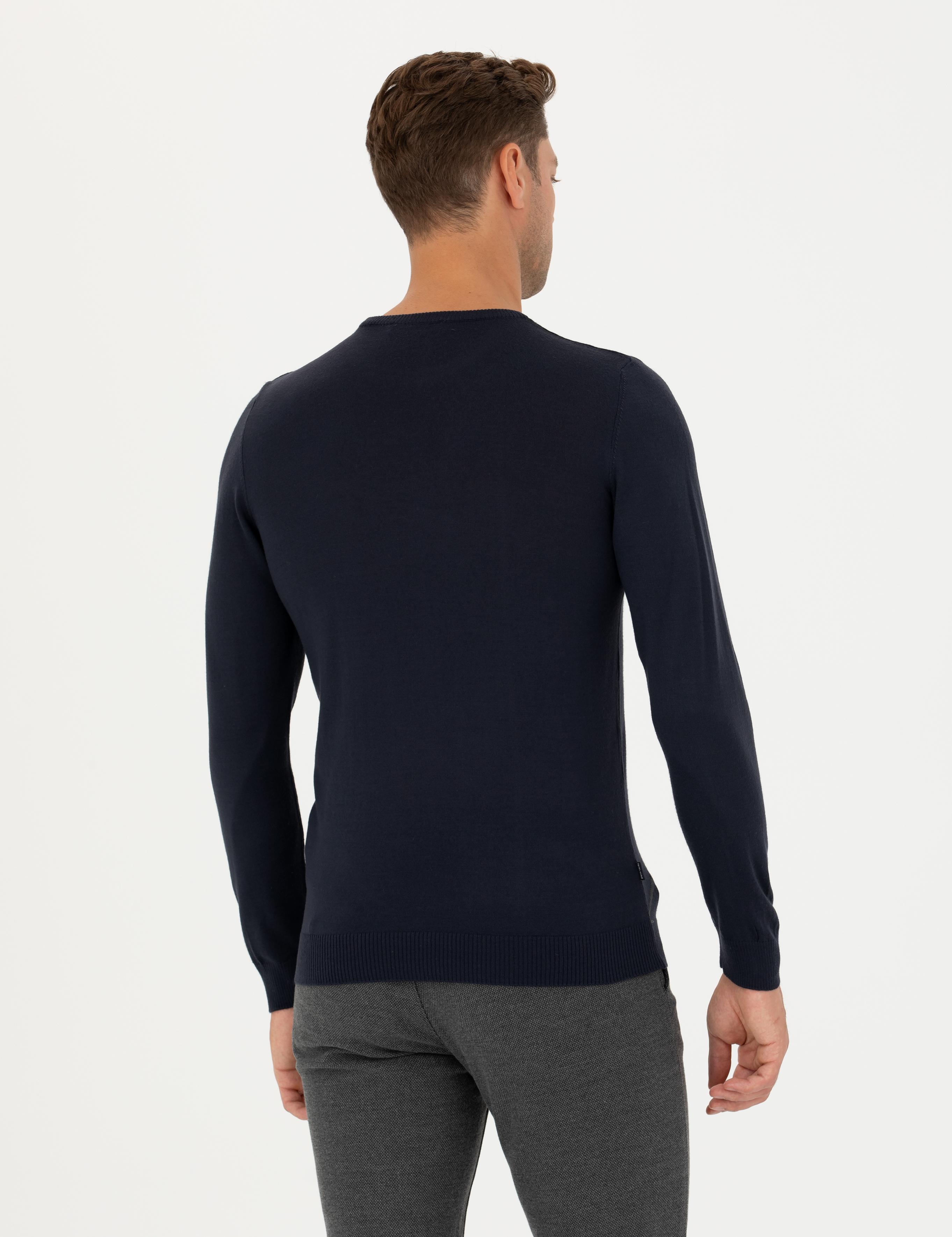 Lacivert Slim Fit Bisiklet Yaka Yün Karışımlı Triko Kazak