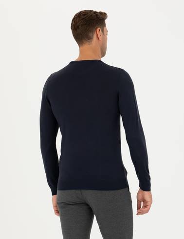 Lacivert Slim Fit Bisiklet Yaka Yün Karışımlı Triko Kazak