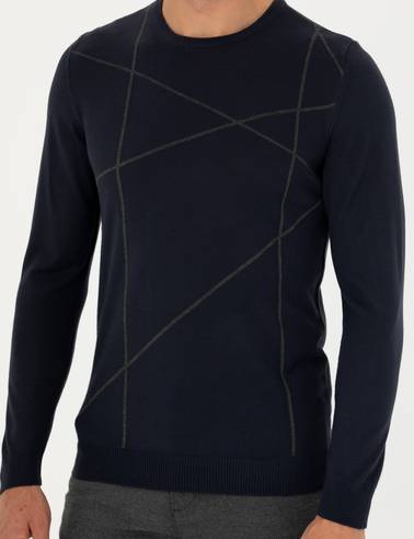 Lacivert Slim Fit Bisiklet Yaka Yün Karışımlı Triko Kazak