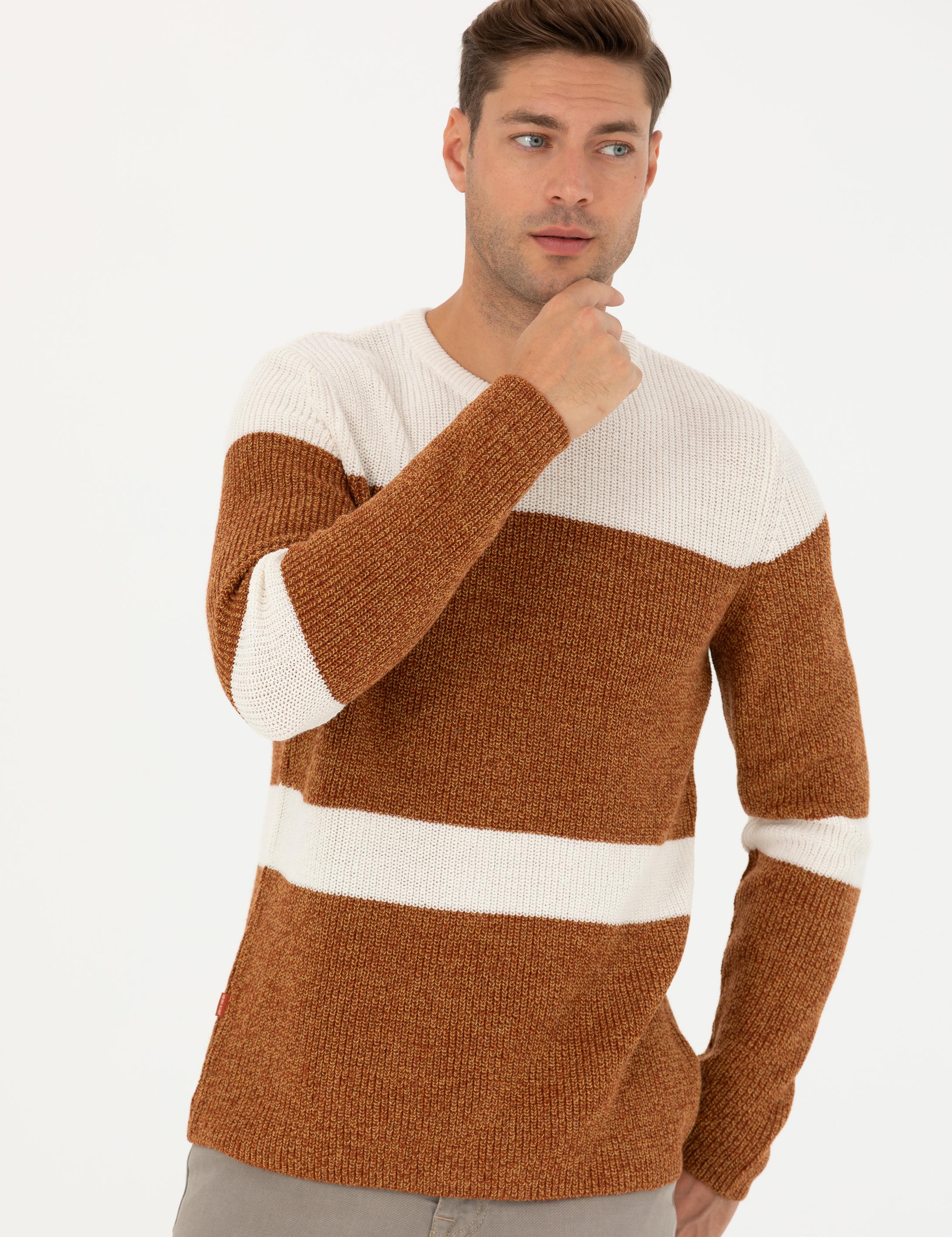 Bej Slim Fit Bisiklet Yaka Yün Karışımlı Triko Kazak