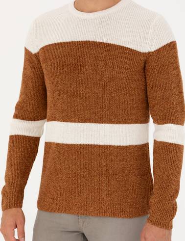 Bej Slim Fit Bisiklet Yaka Yün Karışımlı Triko Kazak