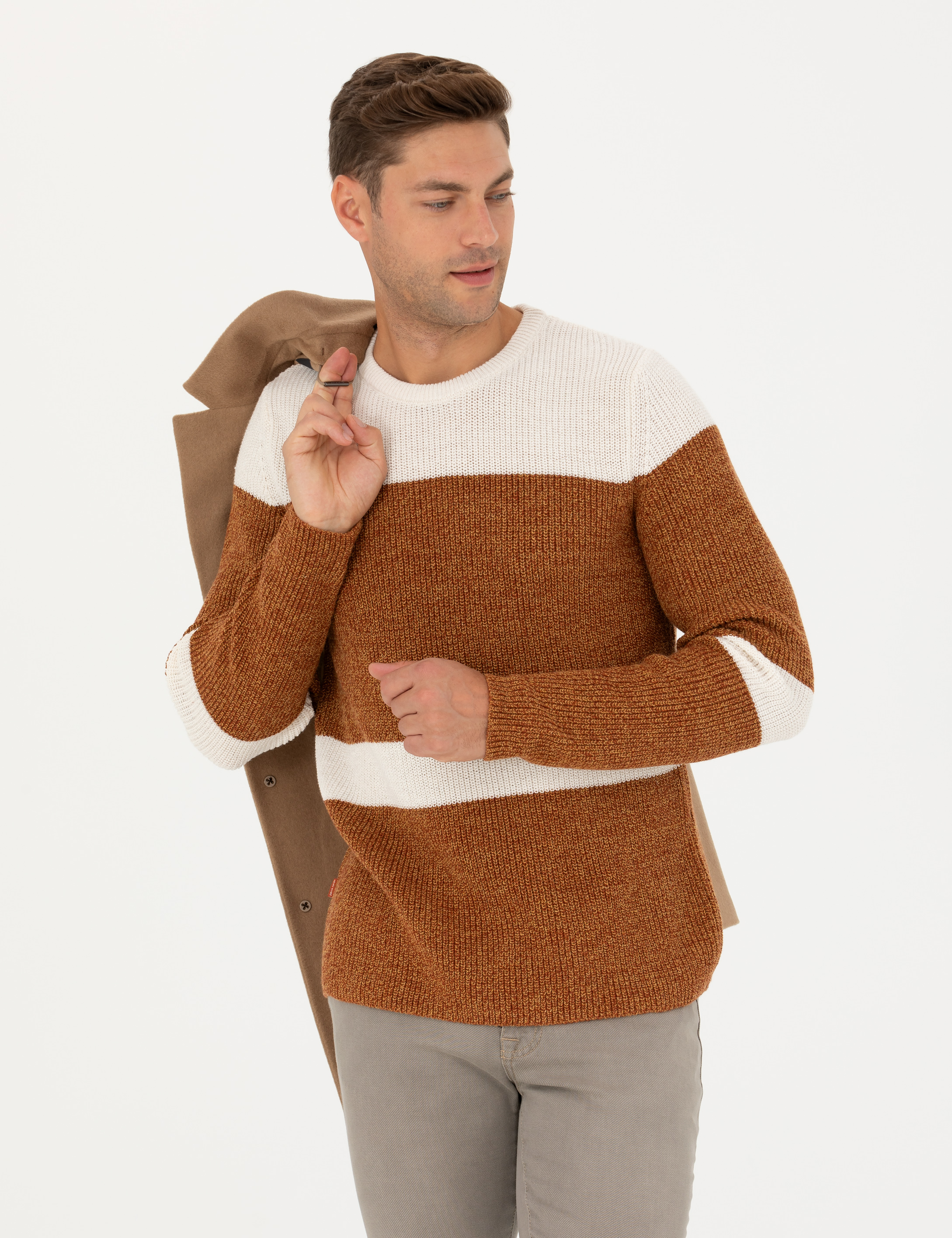 Pierre Cardin Bej Slim Fit Bisiklet Yaka Yün Karışımlı Triko Kazak görsel 2