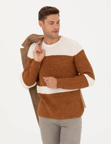 Bej Slim Fit Bisiklet Yaka Yün Karışımlı Triko Kazak