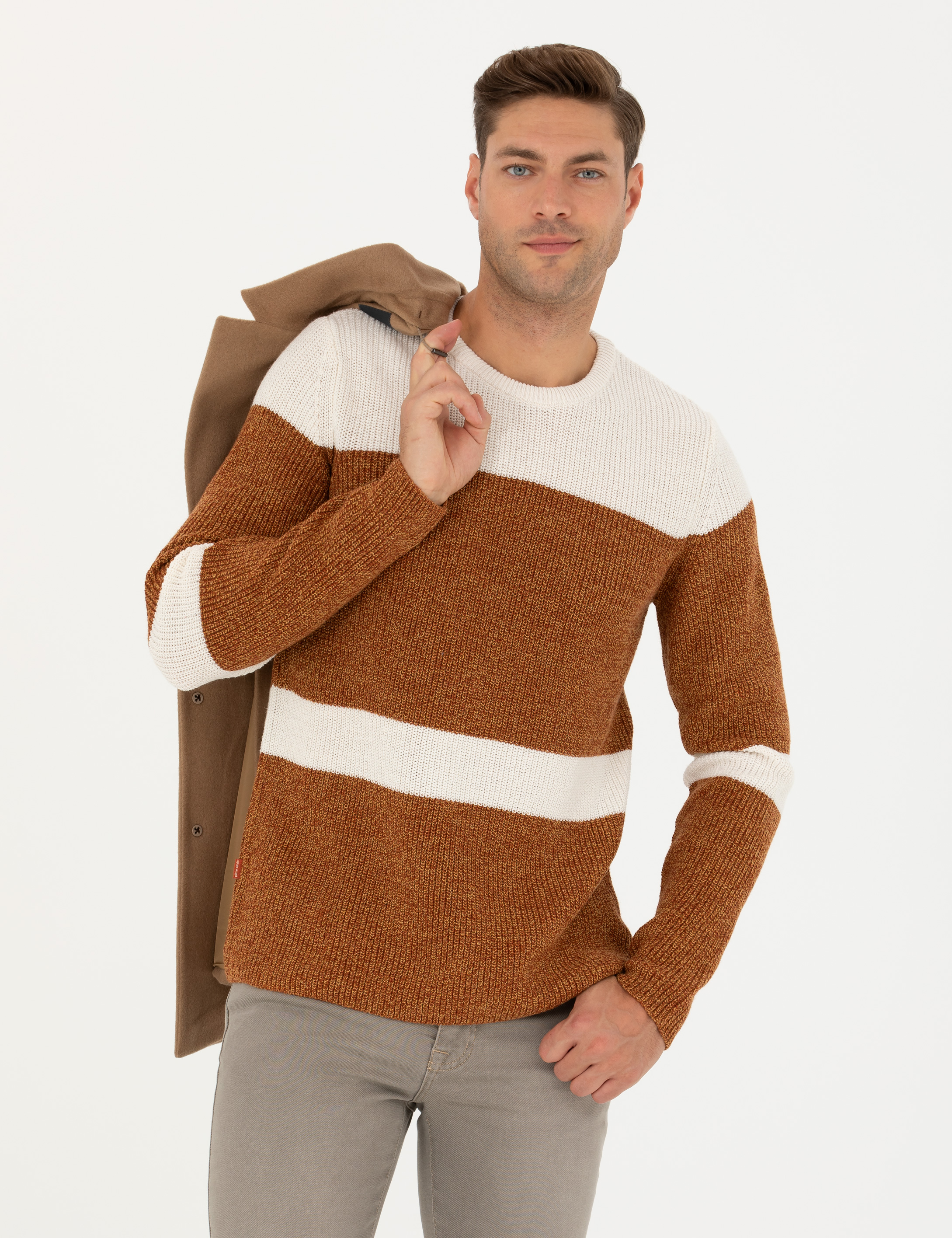 Pierre Cardin Bej Slim Fit Bisiklet Yaka Yün Karışımlı Triko Kazak görsel 3