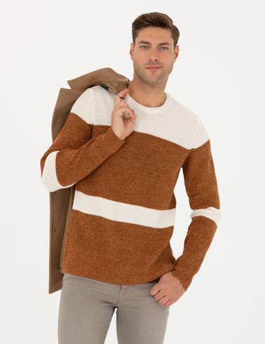 Bej Slim Fit Bisiklet Yaka Yün Karışımlı Triko Kazak