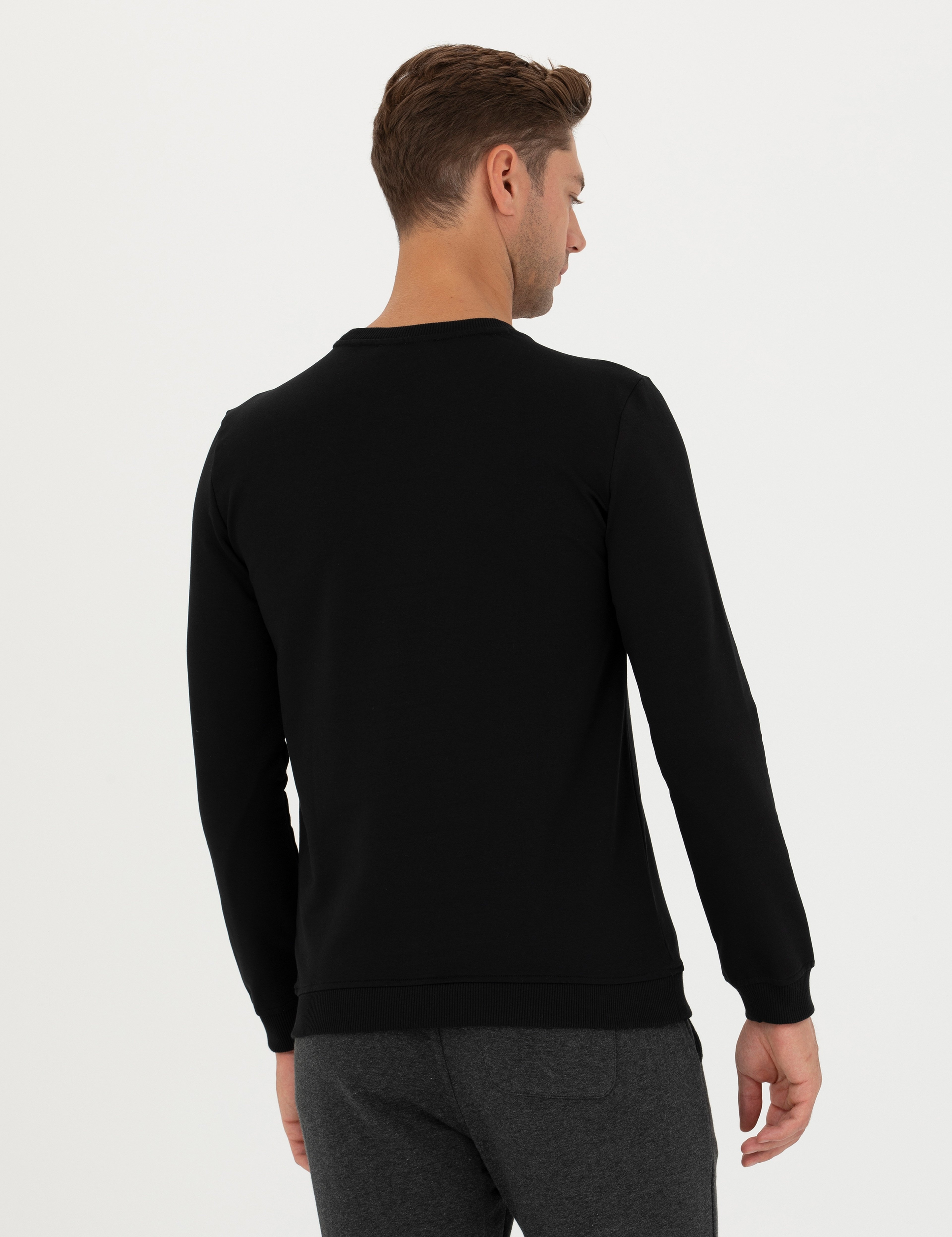 Siyah 2 İplik Regular Fit %100 Pamuk Bisiklet Yaka Sweatshirt - Image 6
