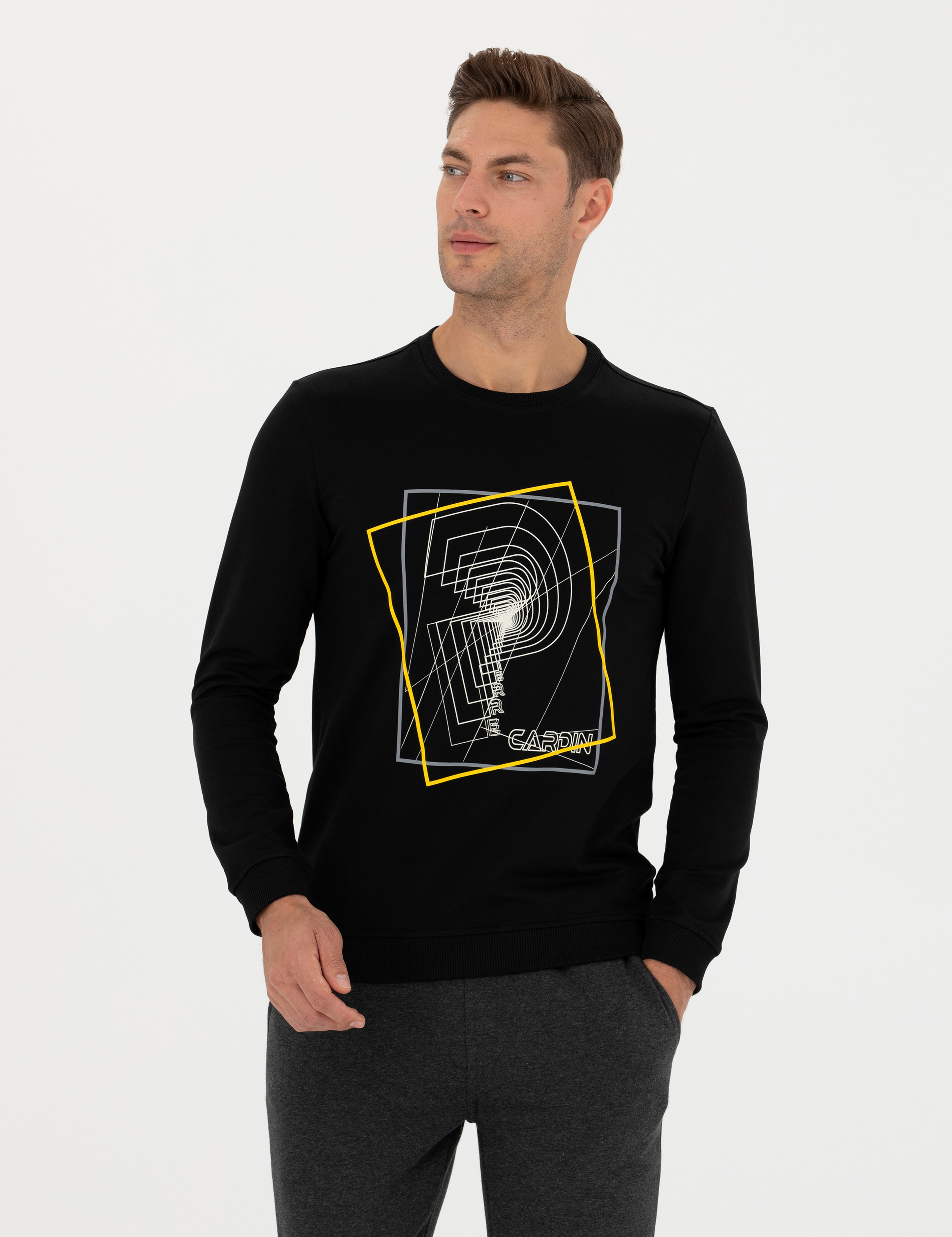 Siyah 2 İplik Regular Fit %100 Pamuk Bisiklet Yaka Sweatshirt - Image 1