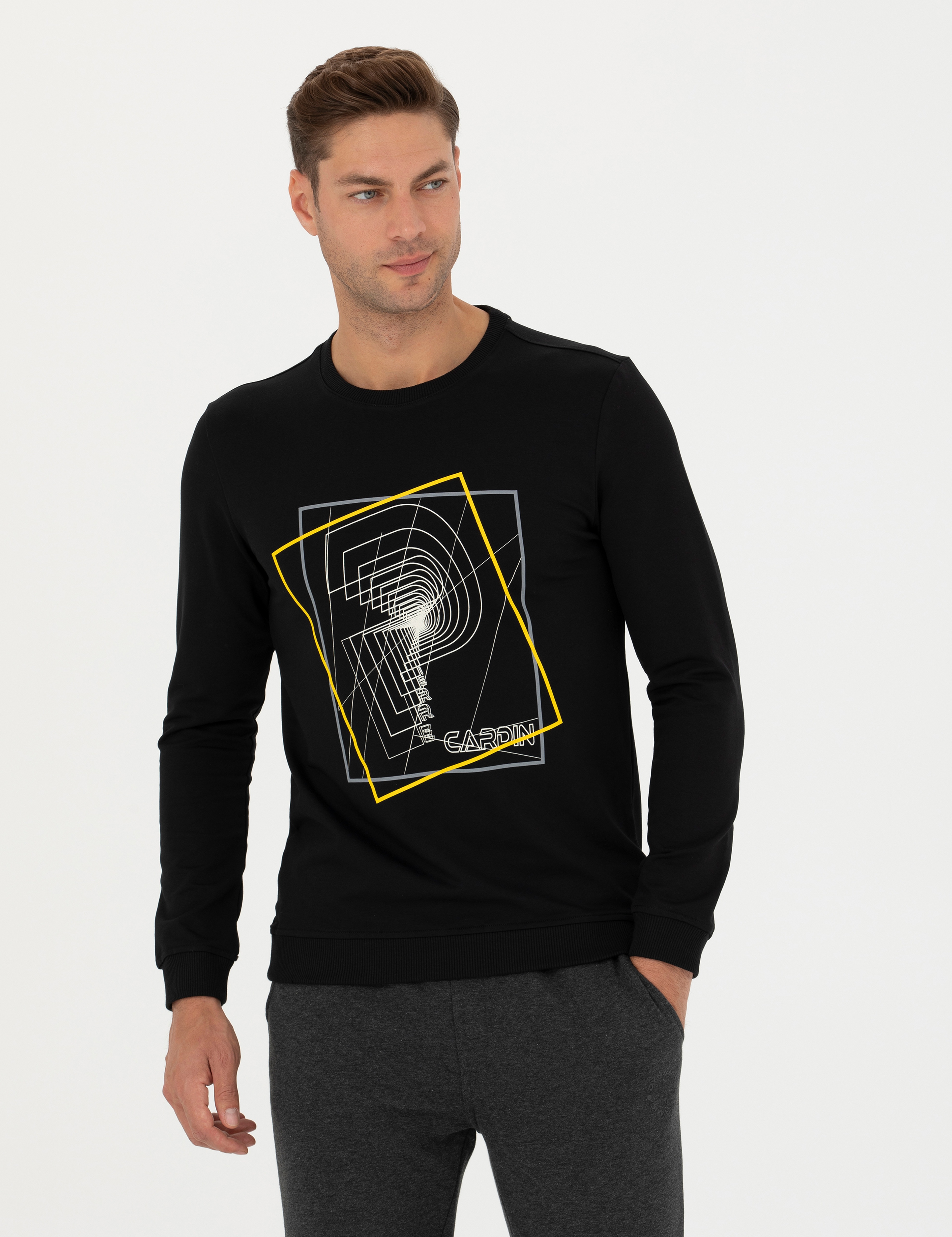 Siyah 2 İplik Regular Fit %100 Pamuk Bisiklet Yaka Sweatshirt - Image 4