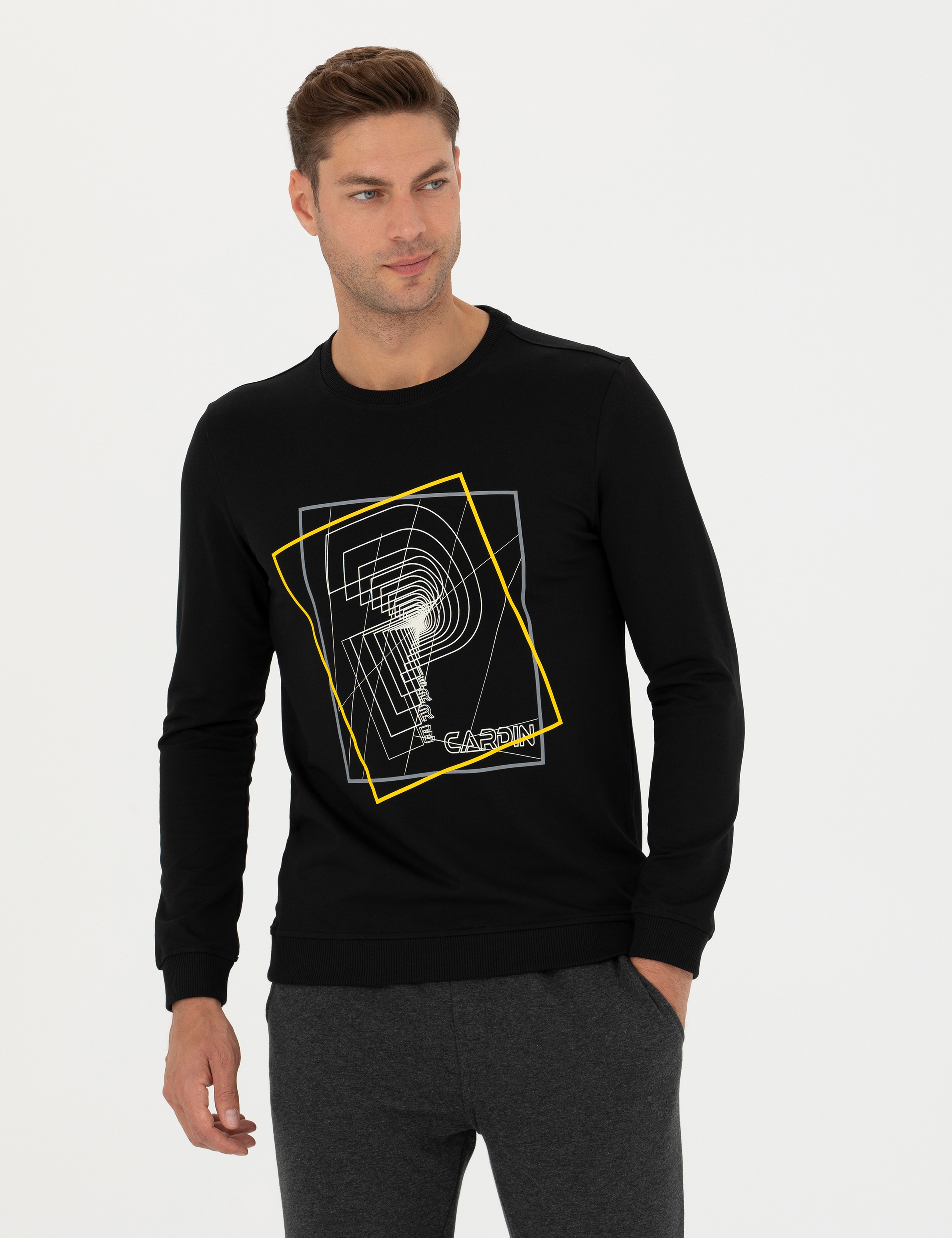 Siyah 2 İplik Regular Fit %100 Pamuk Bisiklet Yaka Sweatshirt
