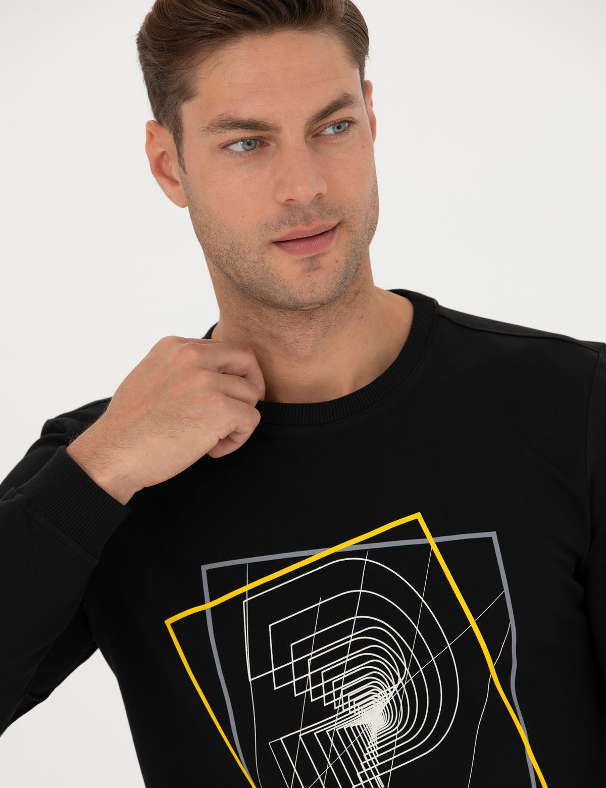 Siyah 2 İplik Regular Fit %100 Pamuk Bisiklet Yaka Sweatshirt - 50273402035