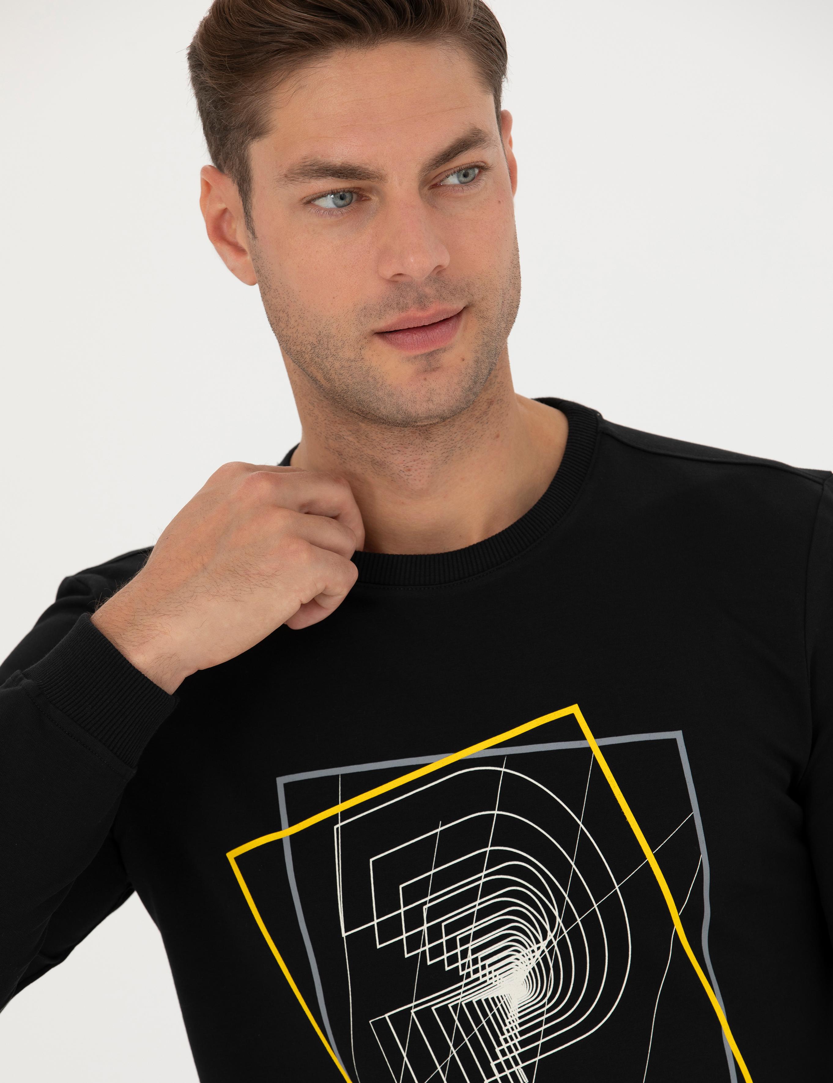 Siyah 2 İplik Regular Fit %100 Pamuk Bisiklet Yaka Sweatshirt