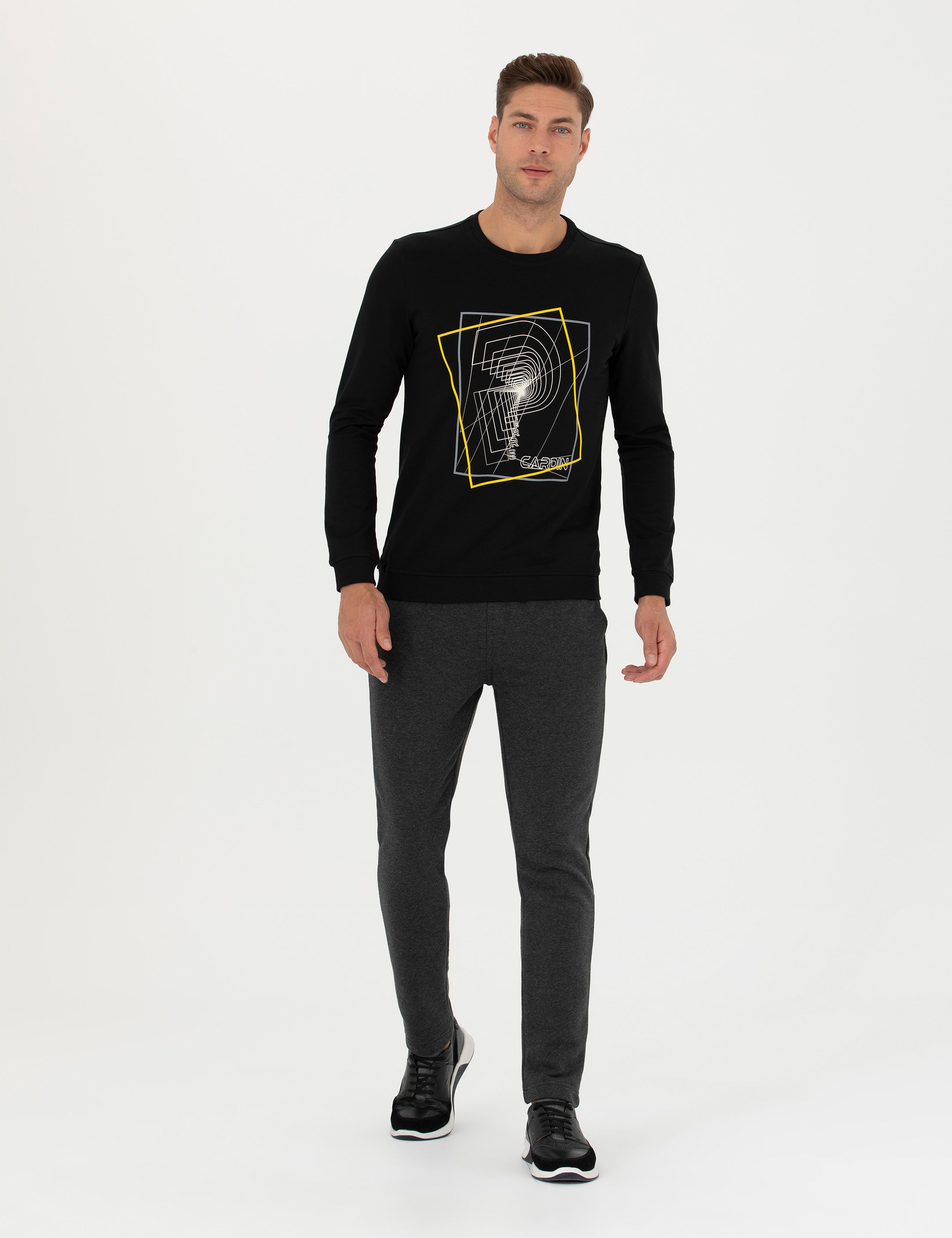 Siyah 2 İplik Regular Fit %100 Pamuk Bisiklet Yaka Sweatshirt