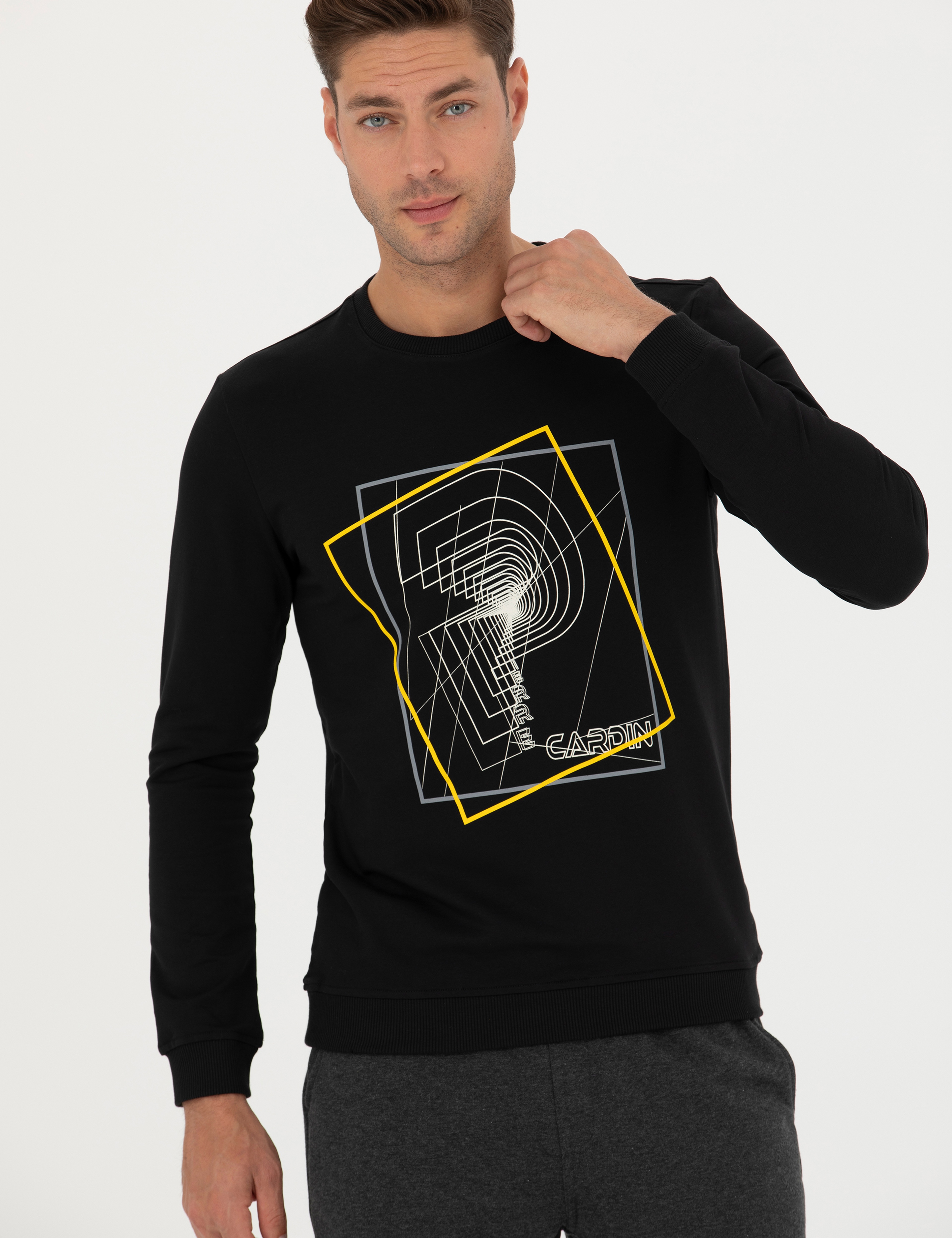 Siyah 2 İplik Regular Fit %100 Pamuk Bisiklet Yaka Sweatshirt - Image 3