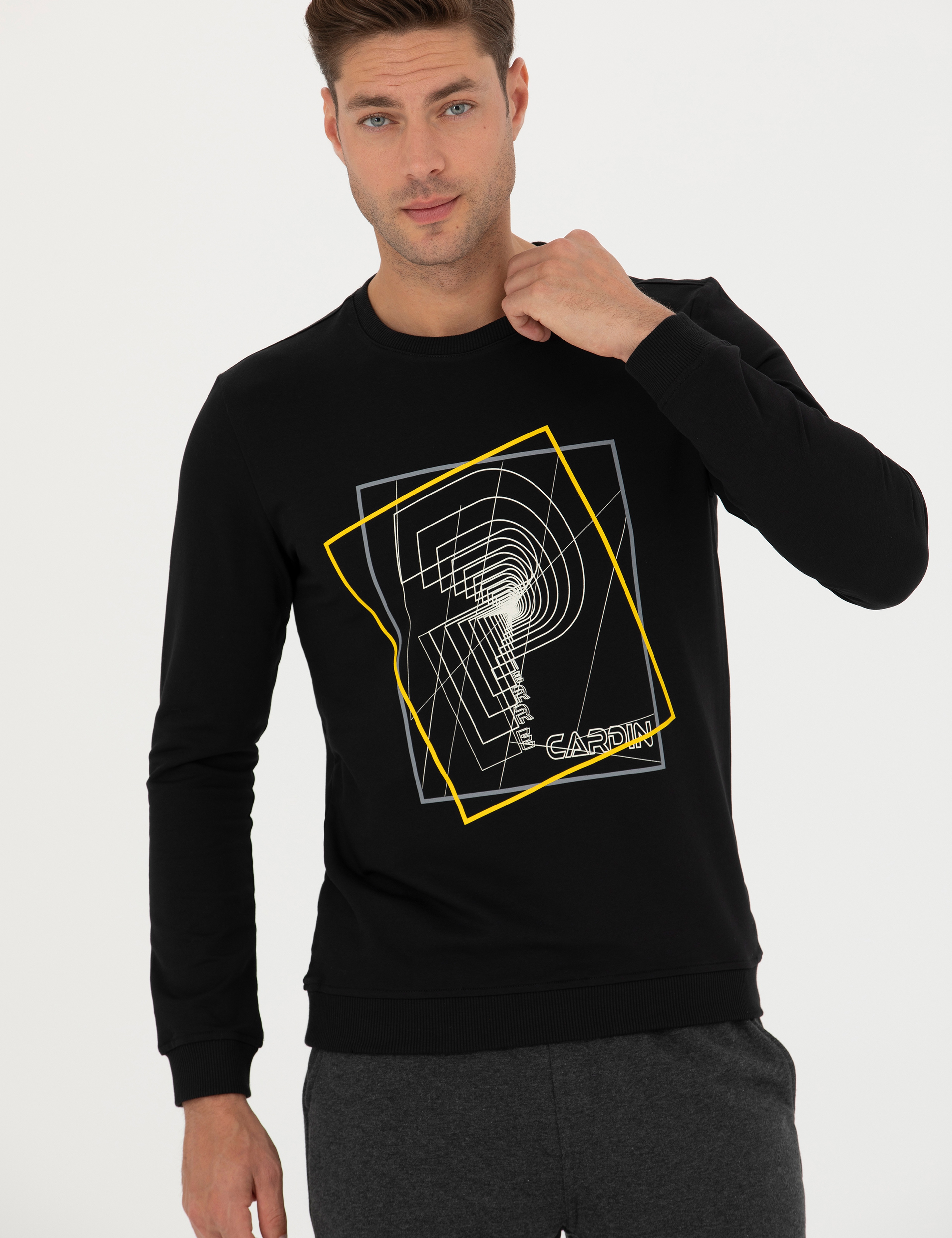 Siyah 2 İplik Regular Fit %100 Pamuk Bisiklet Yaka Sweatshirt