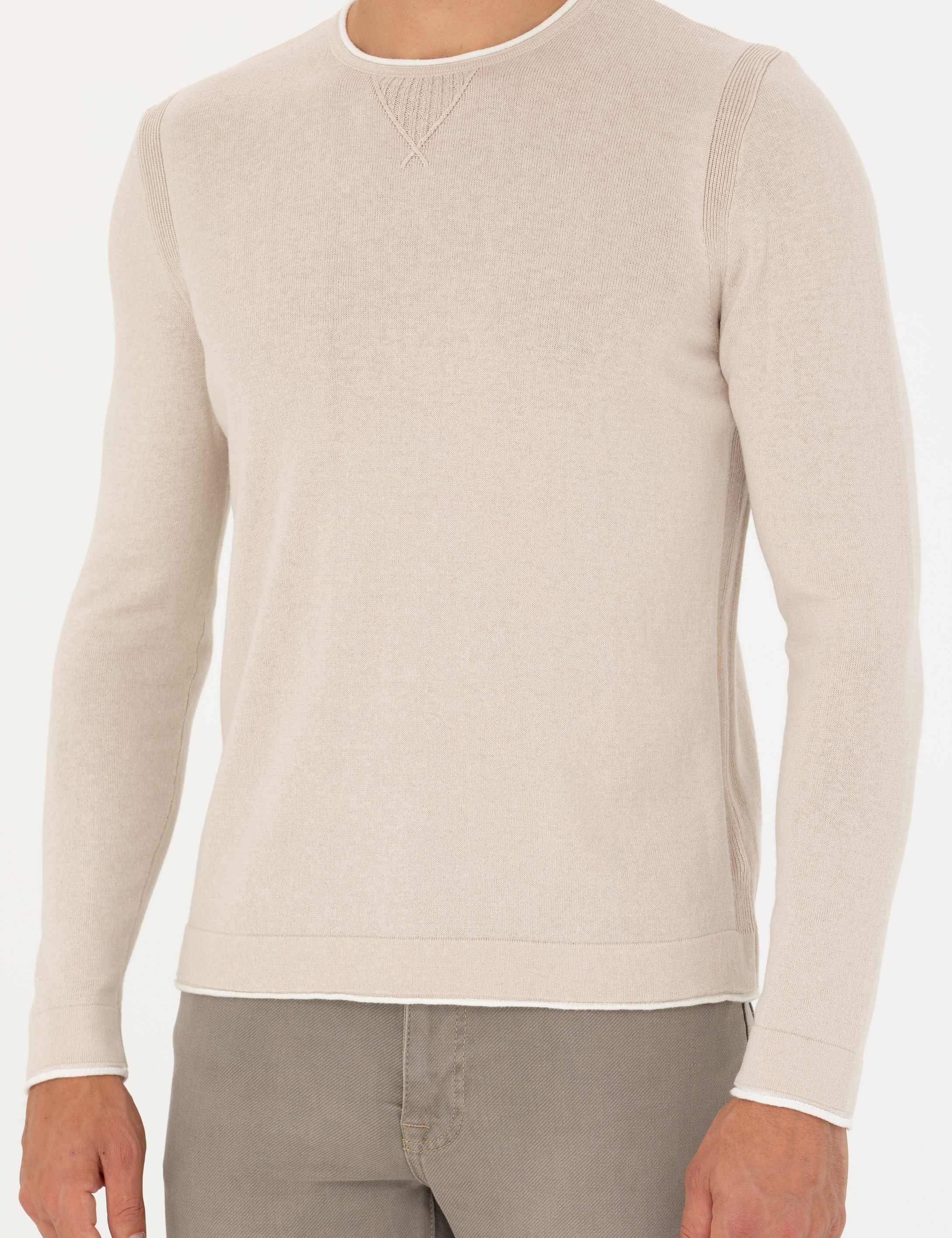 Bej Slim Fit Bisiklet Yaka Triko Kazak - Image 7