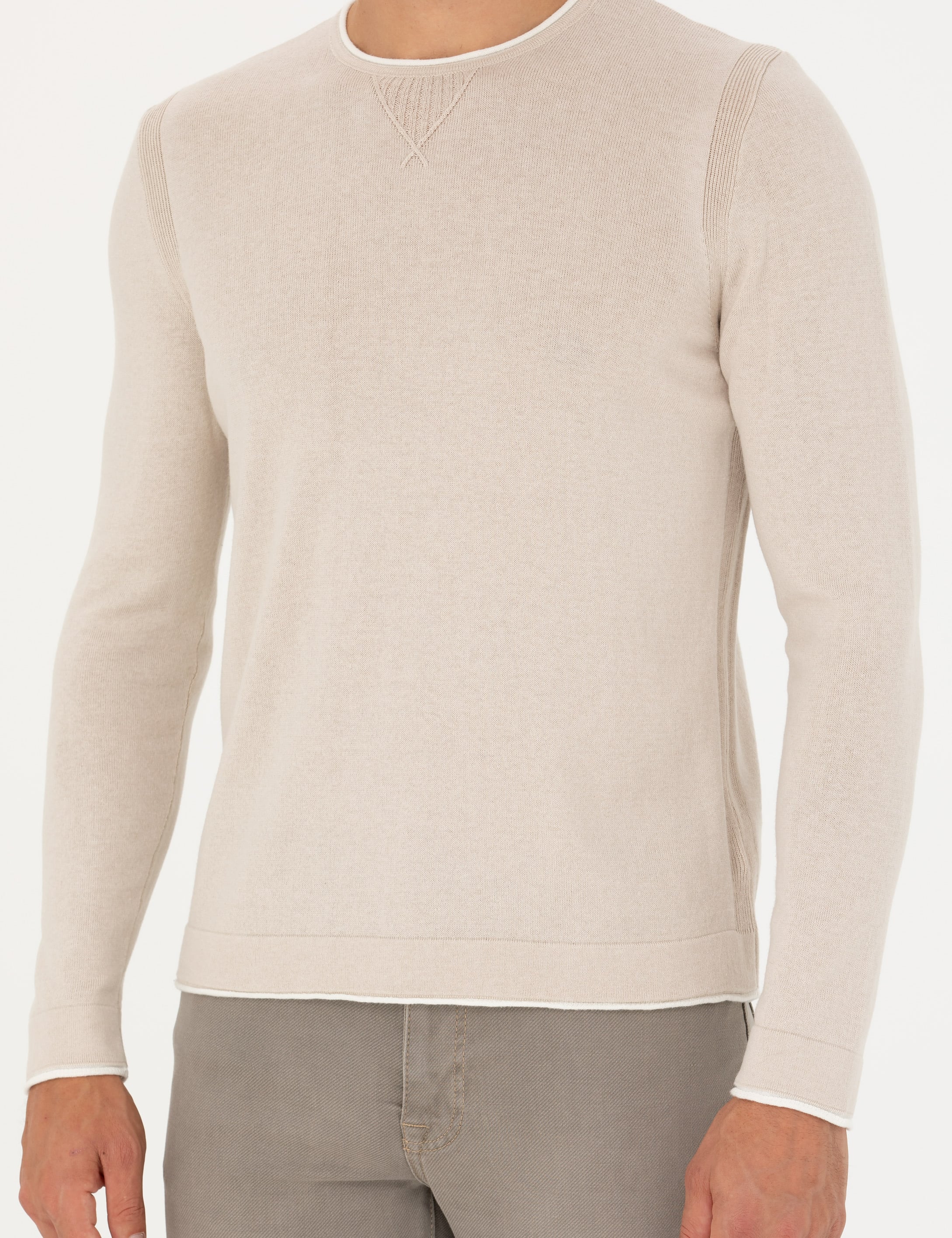 Bej Slim Fit Bisiklet Yaka Triko Kazak