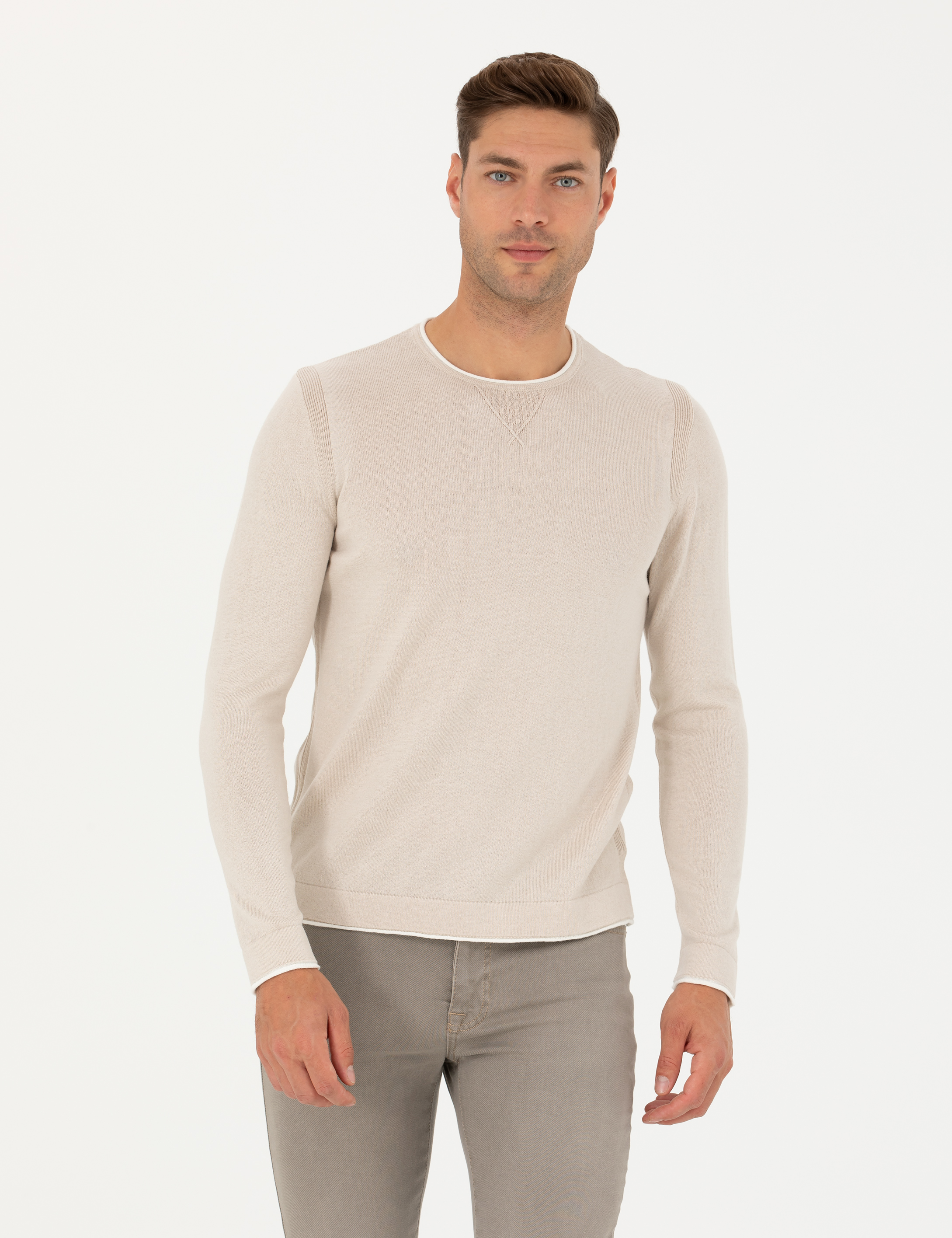 Pierre Cardin Bej Slim Fit Bisiklet Yaka Triko Kazak görsel 4