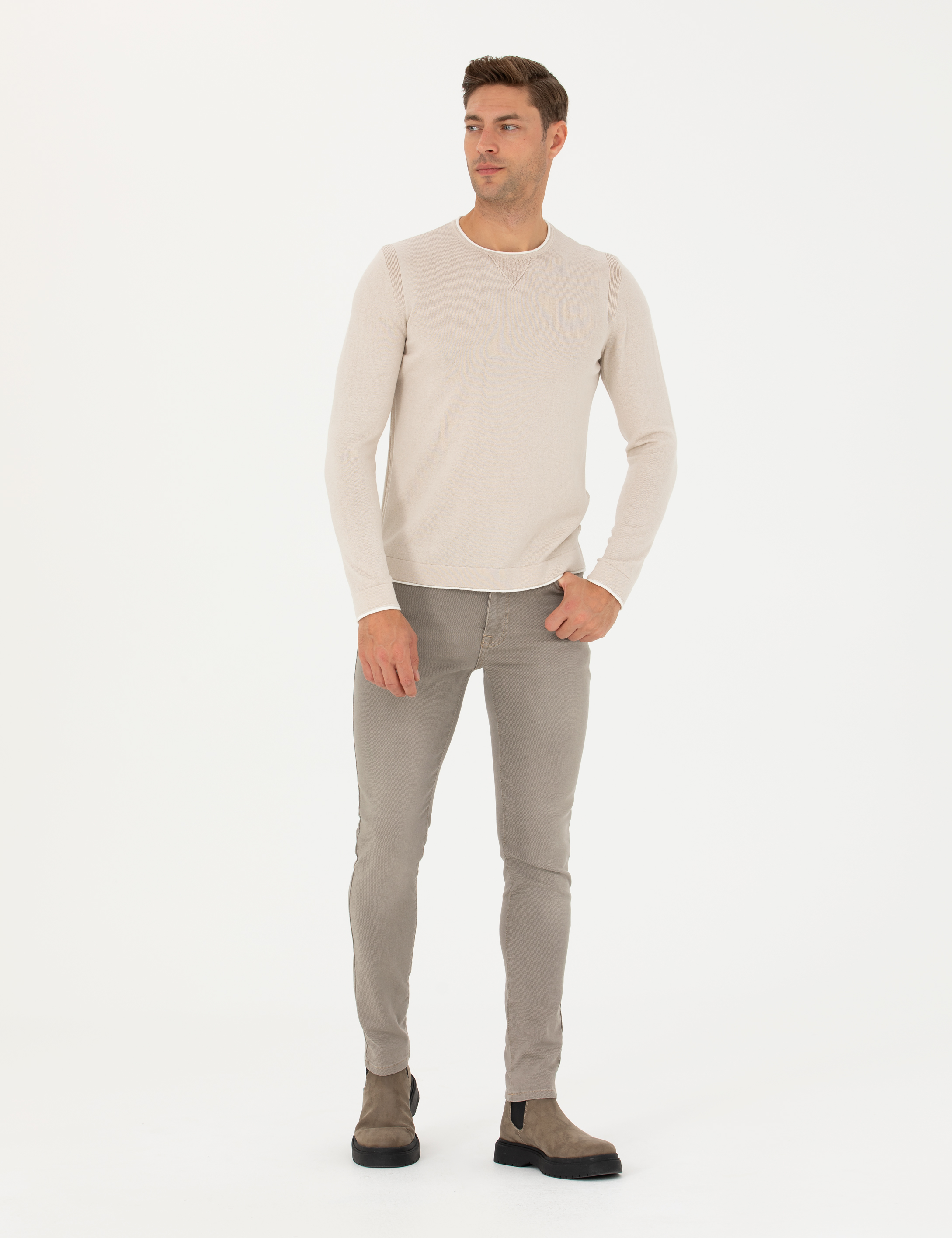 Pierre Cardin Bej Slim Fit Bisiklet Yaka Triko Kazak görsel 5