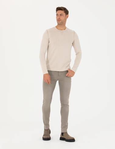 Bej Slim Fit Bisiklet Yaka Triko Kazak