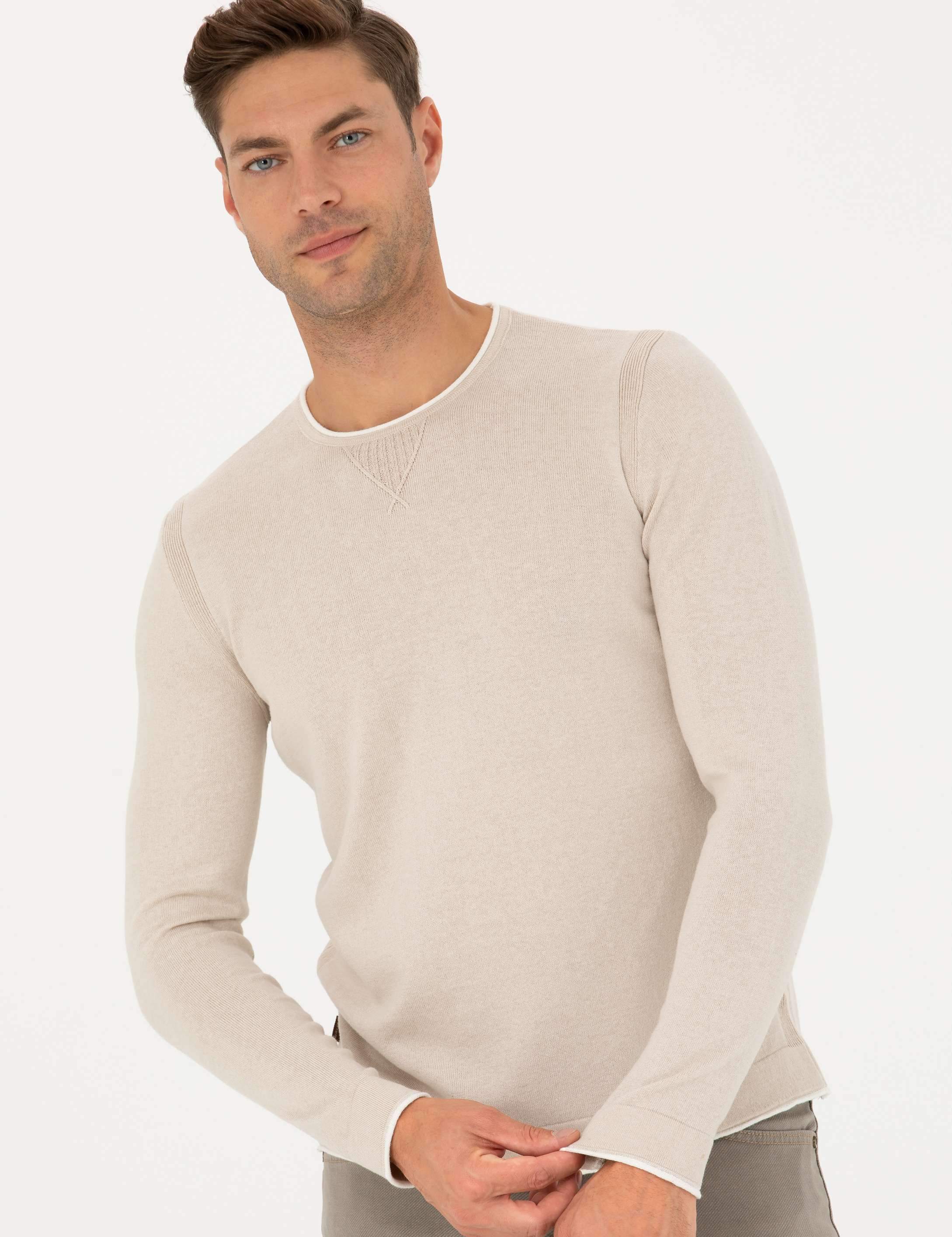 Pierre Cardin Bej Slim Fit Bisiklet Yaka Triko Kazak görsel 3