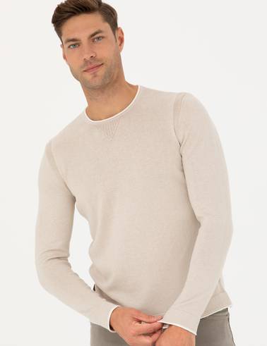 Bej Slim Fit Bisiklet Yaka Triko Kazak
