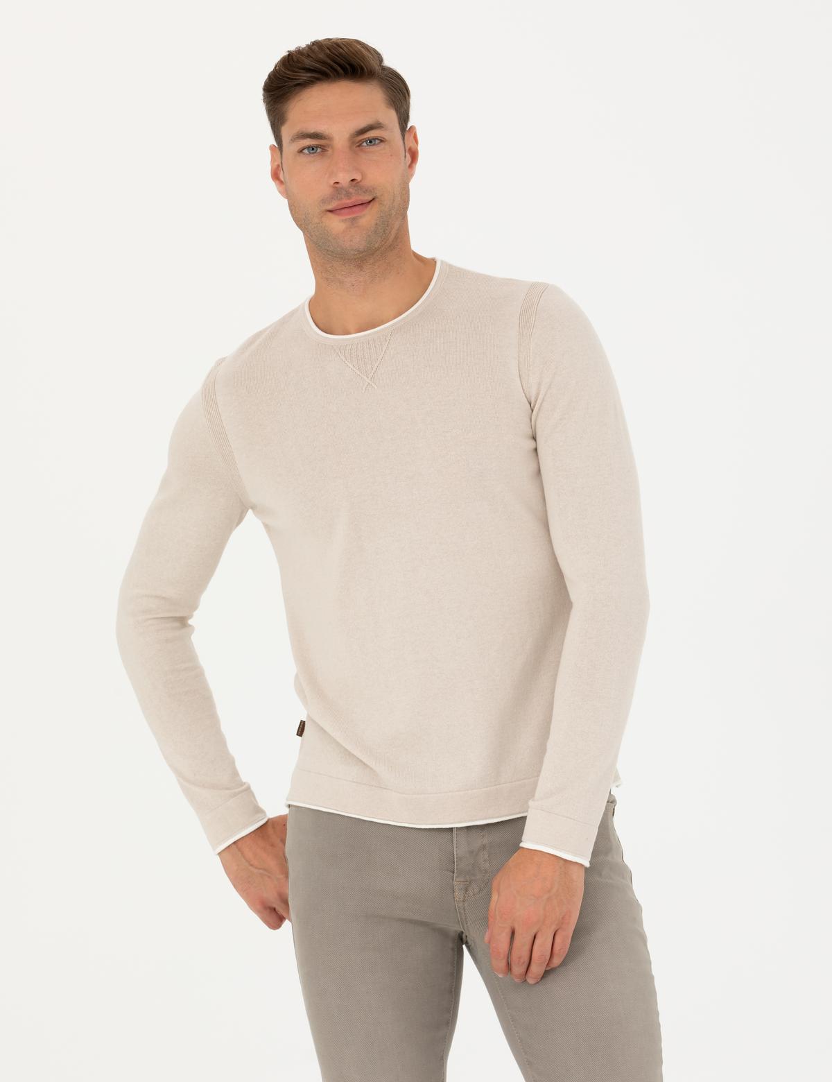 Bej Slim Fit Bisiklet Yaka Triko Kazak