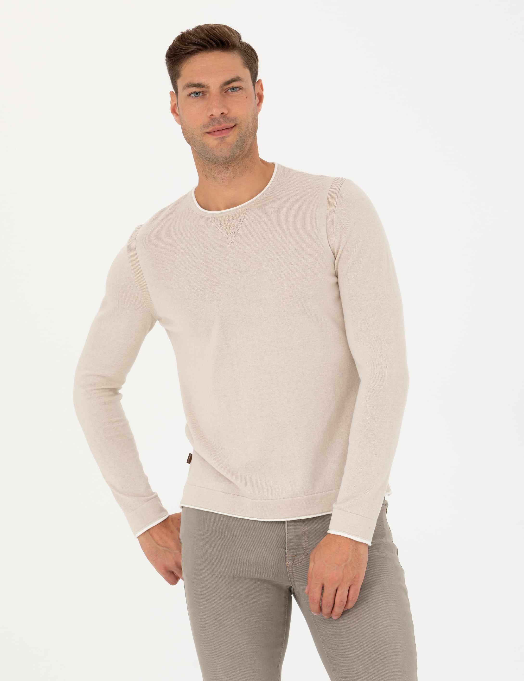 Bej Slim Fit Bisiklet Yaka Triko Kazak - Image 1