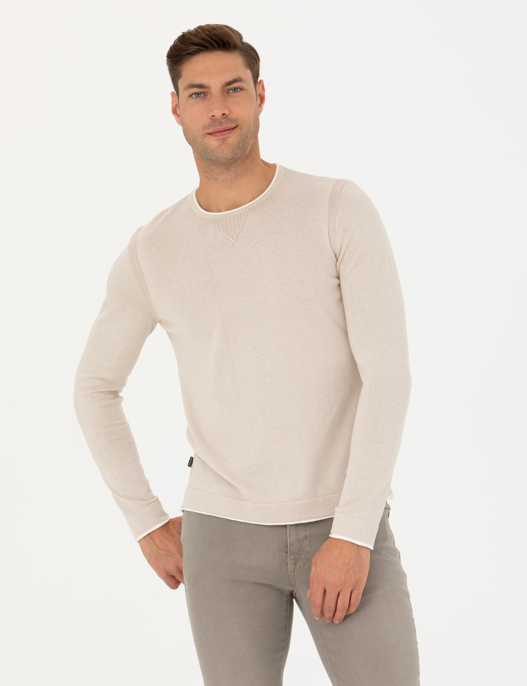 Bej Slim Fit Bisiklet Yaka Triko Kazak