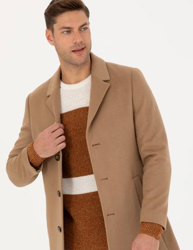 Camel Yün Karışımlı Ekstra Slim Fit Kaşe Kaban